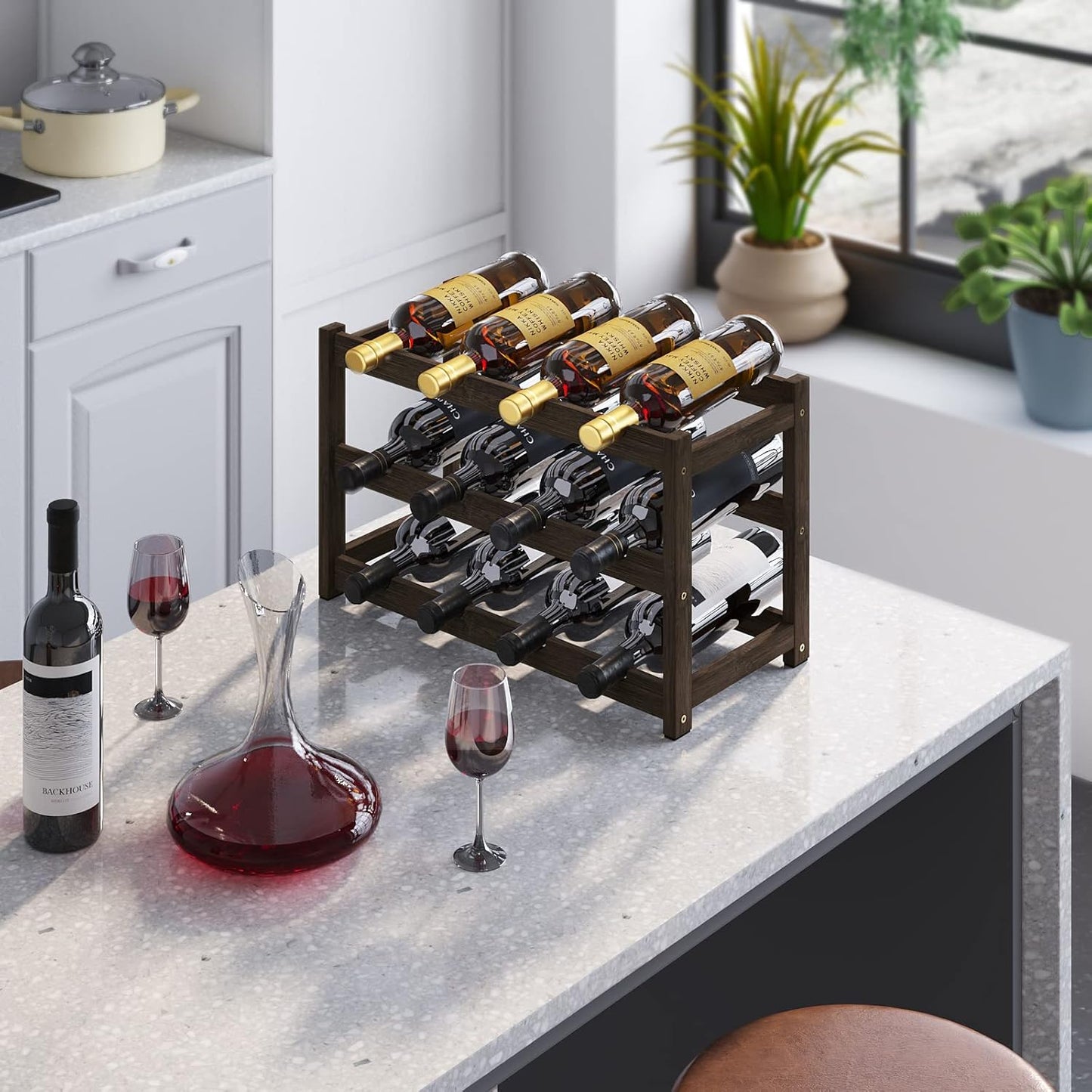 BAMEOS Bamboo Wine Rack Storage, 3 Tier Wine Racks Countertop, Wine Rack Freestanding Floor Wine Holder Cabinet for Kitchen, Bar, Pantry, Wine Cellar, Basement,Study (16.85 L x 9.25W x 12H)
