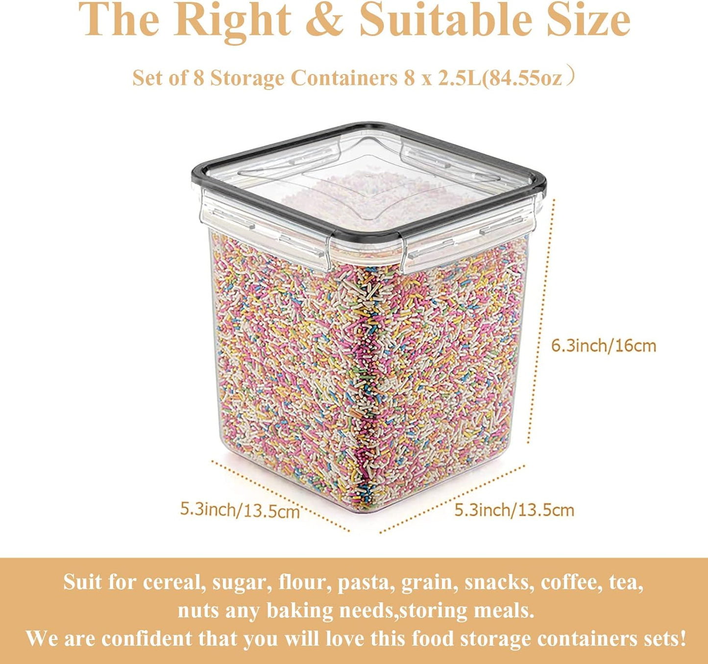 Cereal Container Food Storage Containers, Airtight Dry Food Storage Containers Set of 8 (2.5L/85oz) for Flour, Sugar, Cereal and Pantry Storage Containers with Black Locking Lids