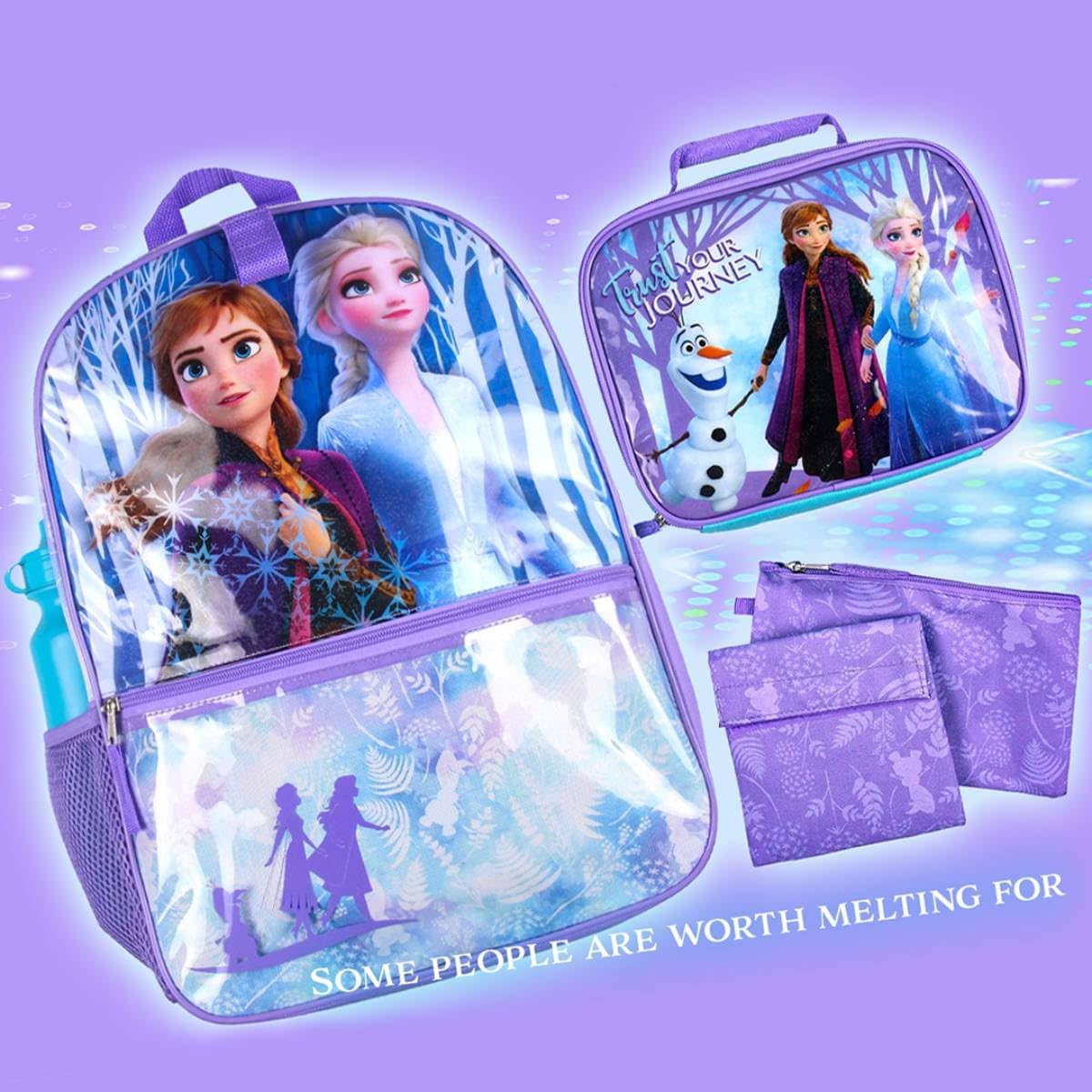 Bioworld Disney Frozen Anna Elsa Olaf Trust Your Journey 5 PC Backpack Set Tote Bag