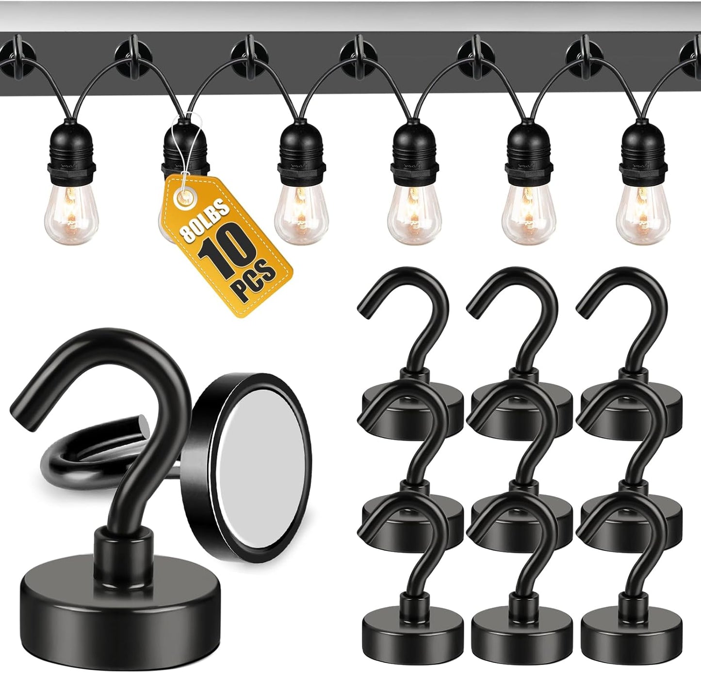 DIYMAG Outdoor Hooks for Hanging String Lights, Balck Magnetic Hooks Strong 80lbs+ Hanging Party Light Wall Cable 2025 Cruise Cabin Ship Essentials Heavy Duty Strong Magnets for Outside Grill 10PCS