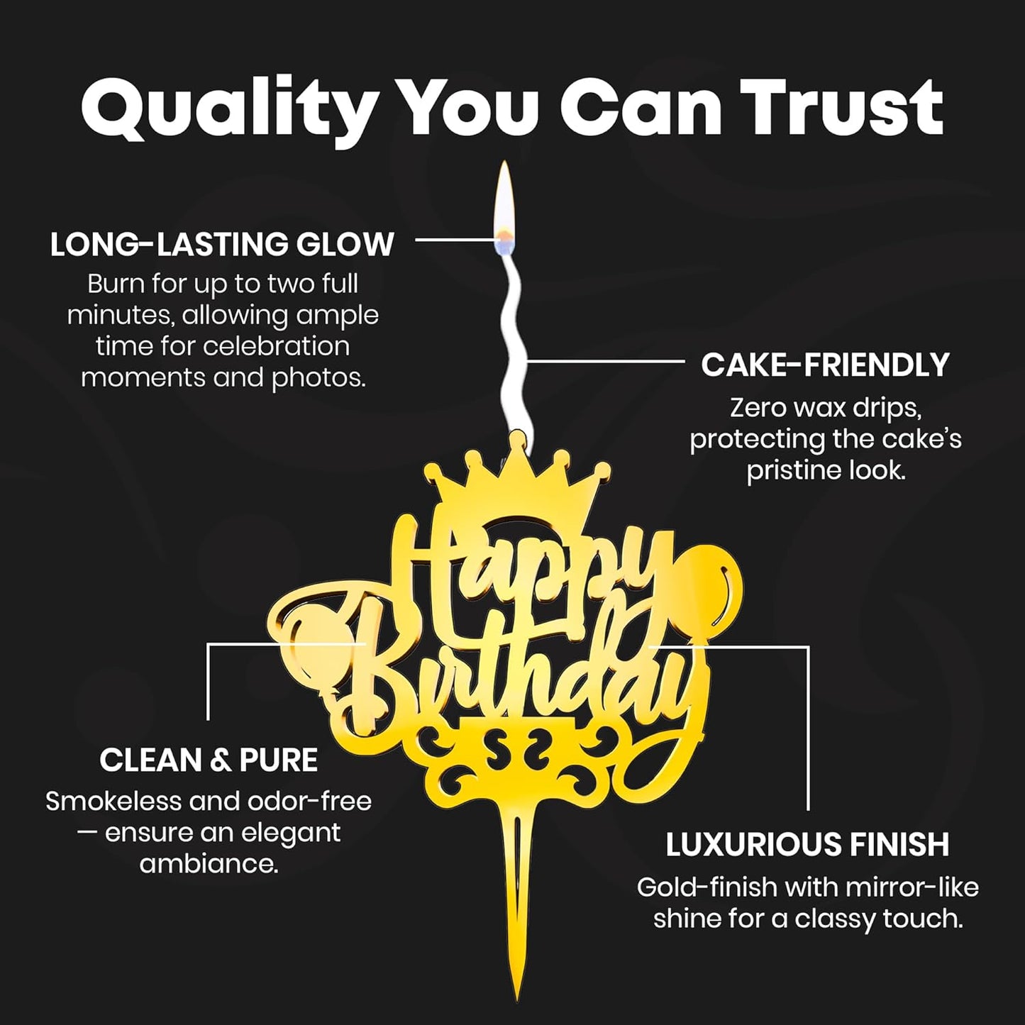 Happy Birthday Reusable Gold Cake Candle - Luxury Cake Topper Candle for Birthdays, Weddings & Anniversaries - Reusable Food Safe Acrylic, Shiny Mirror Finish - Happy Birthday Cake Topper Décor