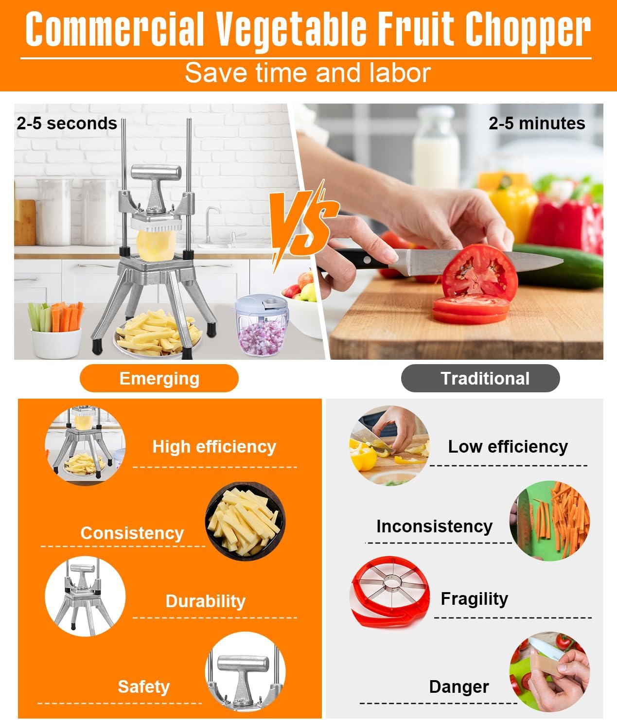 Commercial Vegetable Fruit Chopper 1/4″&3/8″ Blade Heavy Duty Professional Food Dicer Kattex French Fry Cutter Onion Slicer Stainless Steel for Tomato Peppers Potato Mushroom