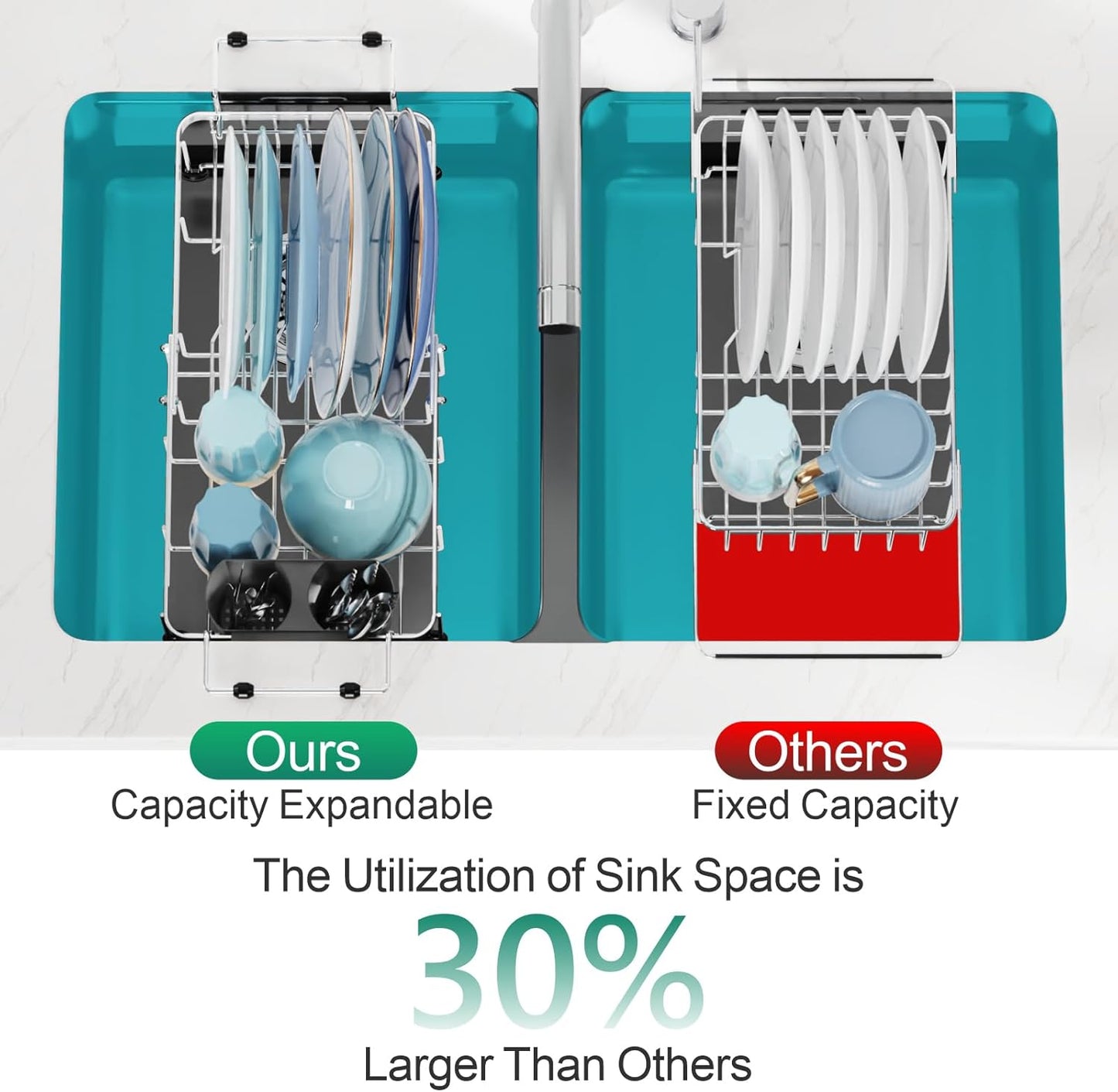 GSlife Expandable in Sink Small Dish Drying Rack - Stainless Steel Capacity Adjustable Over The Sink Dish Rack with Cup Holder and Utensil Holder, 12"~16.8" L x 10.4" W, Silver