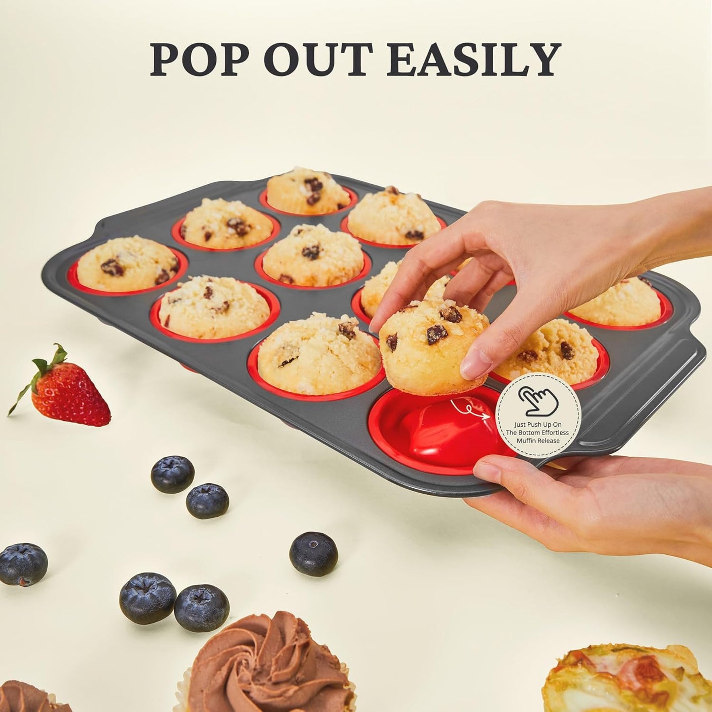 Silicone Muffin Pans for Baking with Metal Frame, Egg Bite Molds, Cupcake Pans 12 Regular Size, Muffin Tins Easy to Pop Nonstick Non Toxic Bakeware for Oven, Red