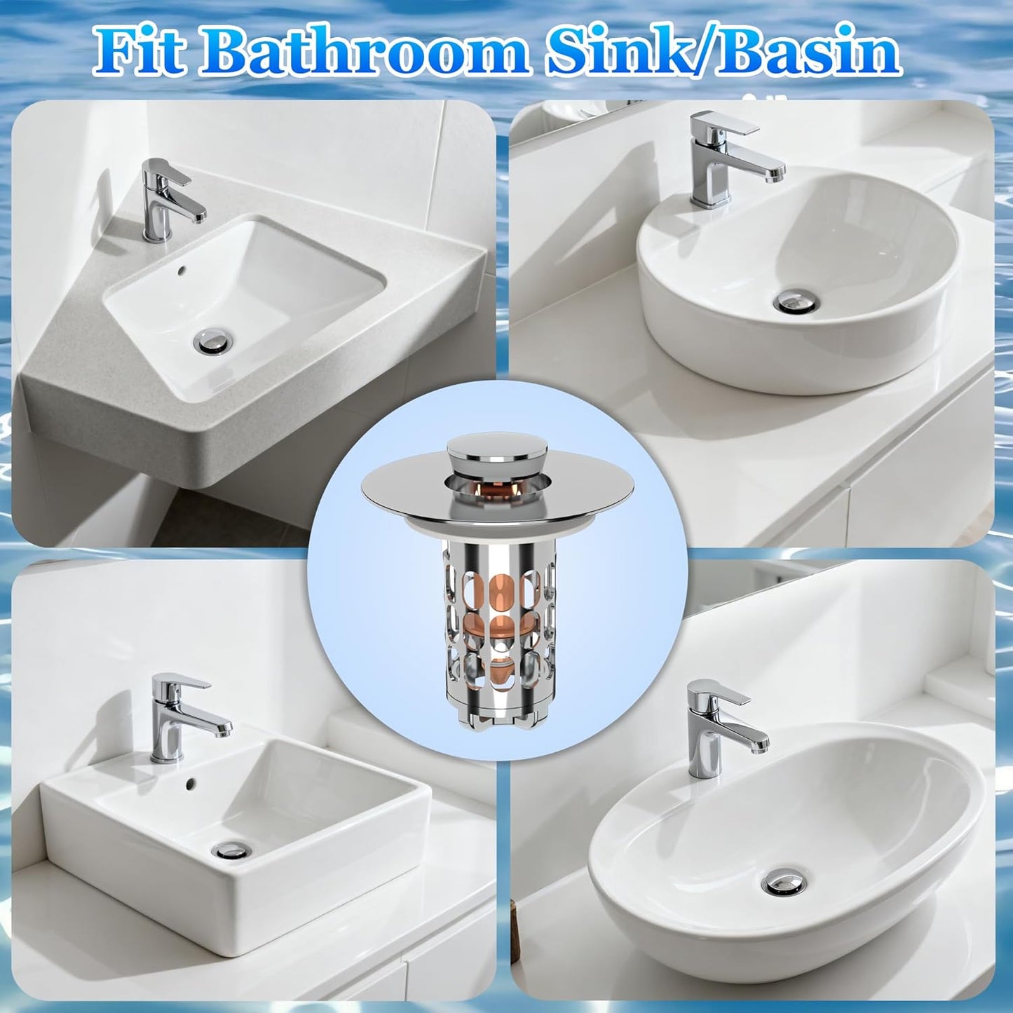 3 in 1 Bathroom Sink Drain Strainer,Universal Pop Up Bathroom Sink Stopper Hair Catcher,with Filter Basket Sealing Ring for Anti-Clogging Odor-Proof,Easy Install Drain Catcher for 1.06”~1.61” Hole