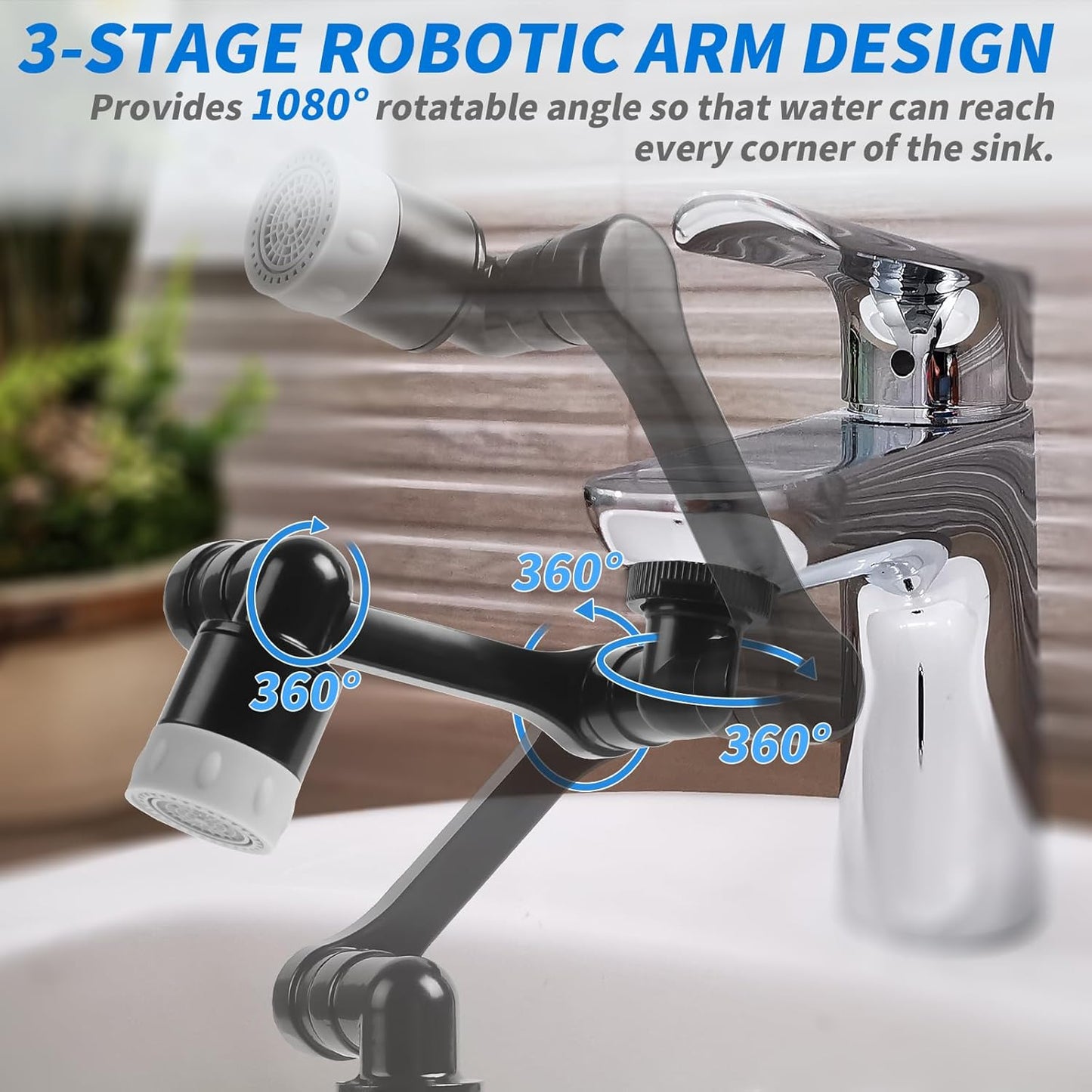 1080° Swivel Faucet Extender with 2 Function, Heavy Duty Rotating Sink Extension, Universal Swivel Robotic Arm, Rotating Splash Filter Extension for Kitchen Bathroom-2 Pcs/Black