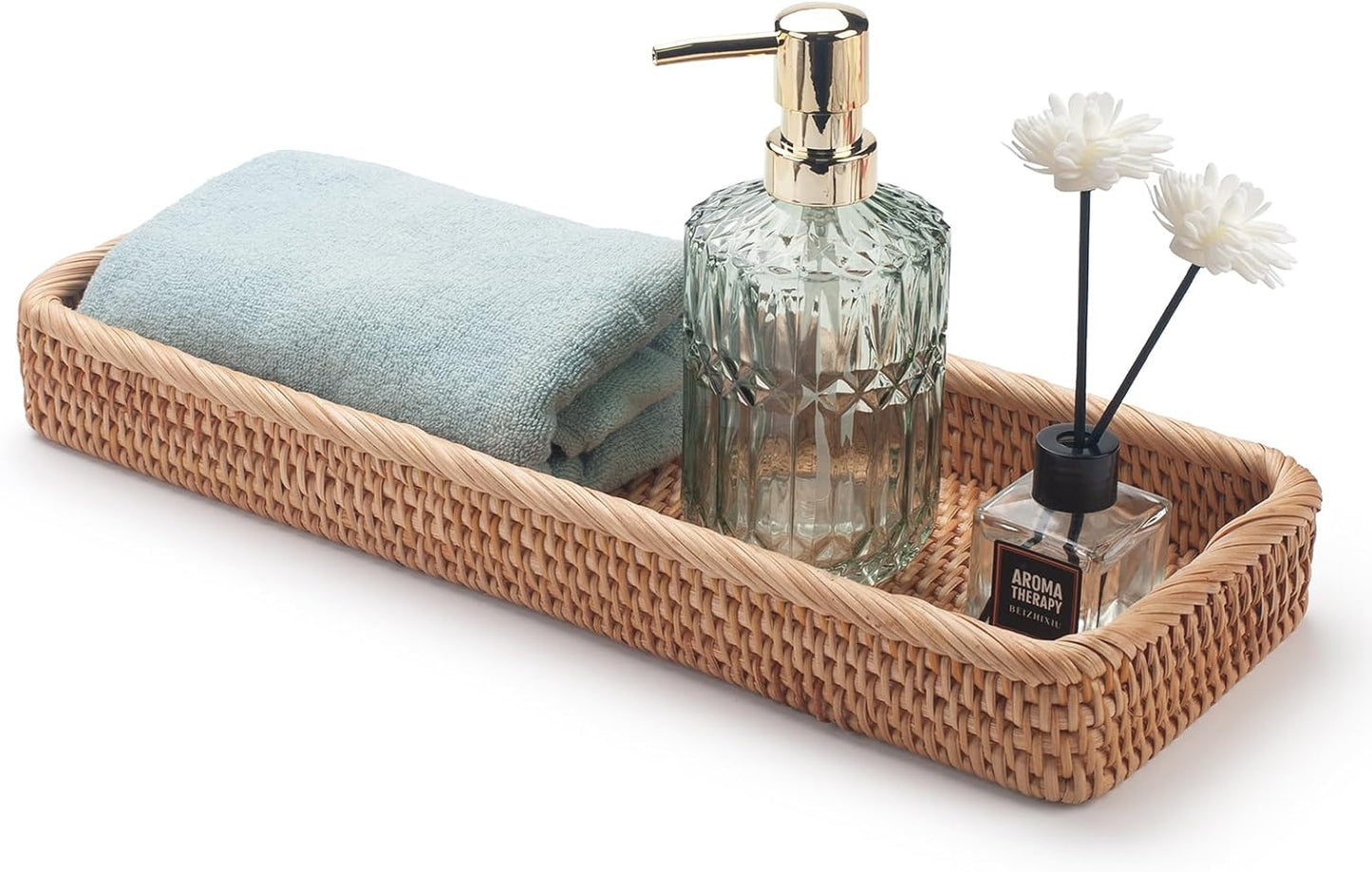 Rattan Bathroom Vanity Tray, Toilet Tank Basket Tray for Paper Hand Towel, Bathroom Counter Tray for Organizing and Decor (Natural, 16.3" x 6.1" x 2")