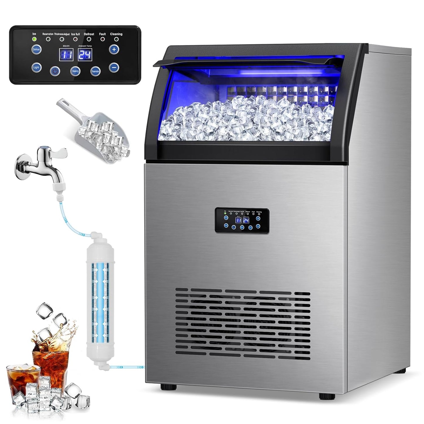 Commercial Ice Maker Machine, 150lbs/24H with 45Lbs Storage Bin, 55Pcs Ice Cubes 8Mins, Tap Add Water Freestanding Ice Maker Commercial for Home Bar Office