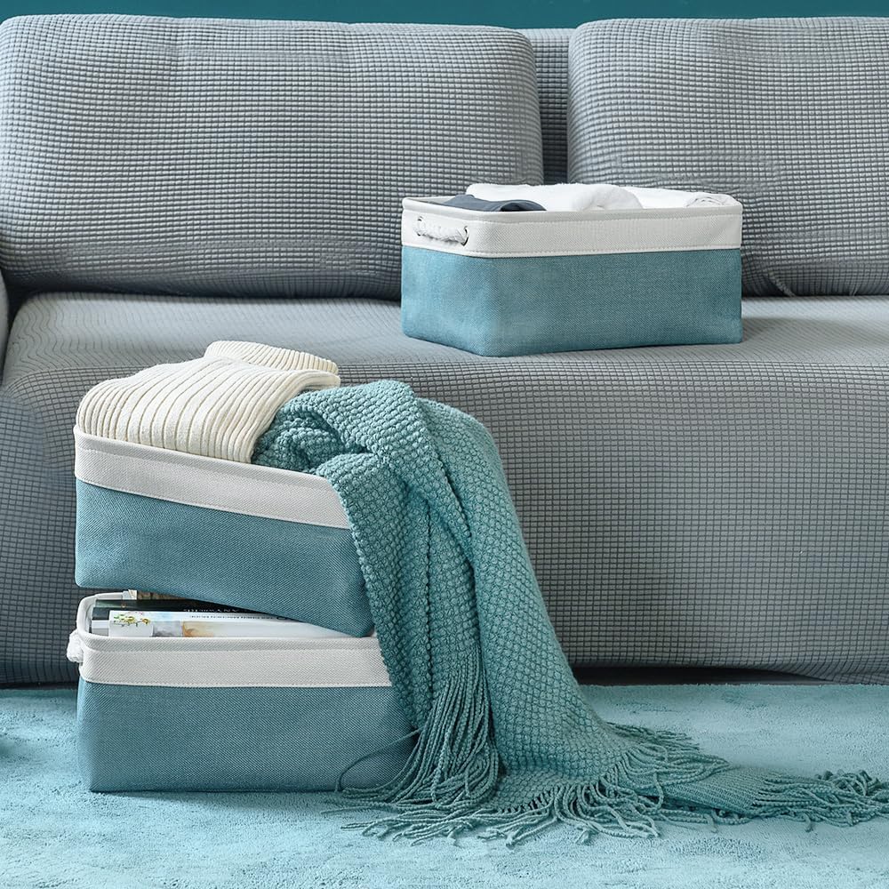 TheWarmHome Fabric Storage Bins Baskets for Organizing,Sturdy Storage Basket W/Handles, Decorative Foldable Storage Baskets for Shelves Closet Nursery Toy (White&Teal, Medium - 3 Pack)