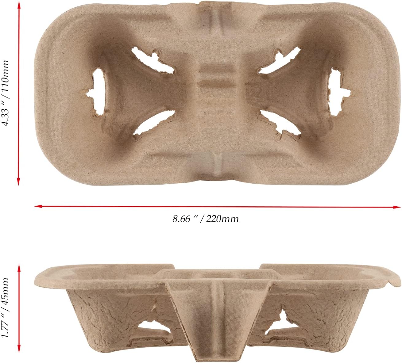 JOIKIT 100 PCS 2 Cup Pulp Fiber Drink Carrier, Molded Fiber Holder Tray, Compostable Coffee Tray for Hot or Cold Drinks