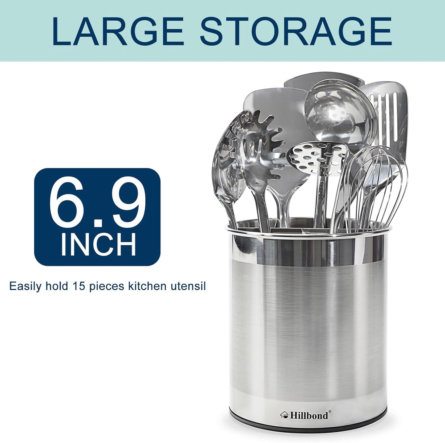 Hillbond Stainless Steel Utensil Holder for Kitchen Counter with Removable Divider, 6.9x7.5 inch Metal Utensil Holder for Countertop, 360° Rotating Spatula Crock for Cooking (EXTRA LARGE)