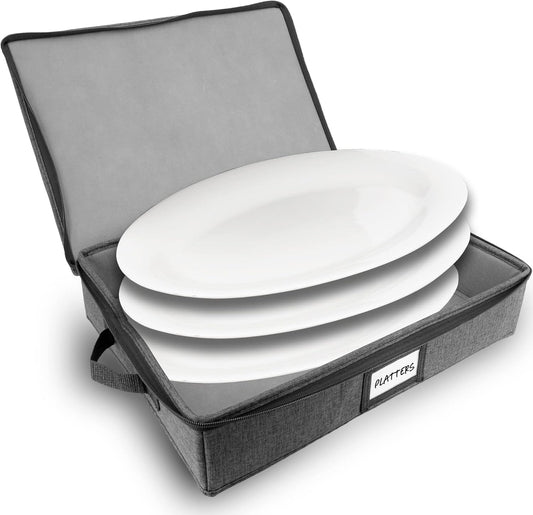 HOMELUX THEORY Platter Storage with Lid, Hard Shell China Storage Containers, Heavy Duty Dinnerware Storage Box with 5 Felt Pads and Thick Surface for Dishes and Dinner Plate, Move Out Essentials
