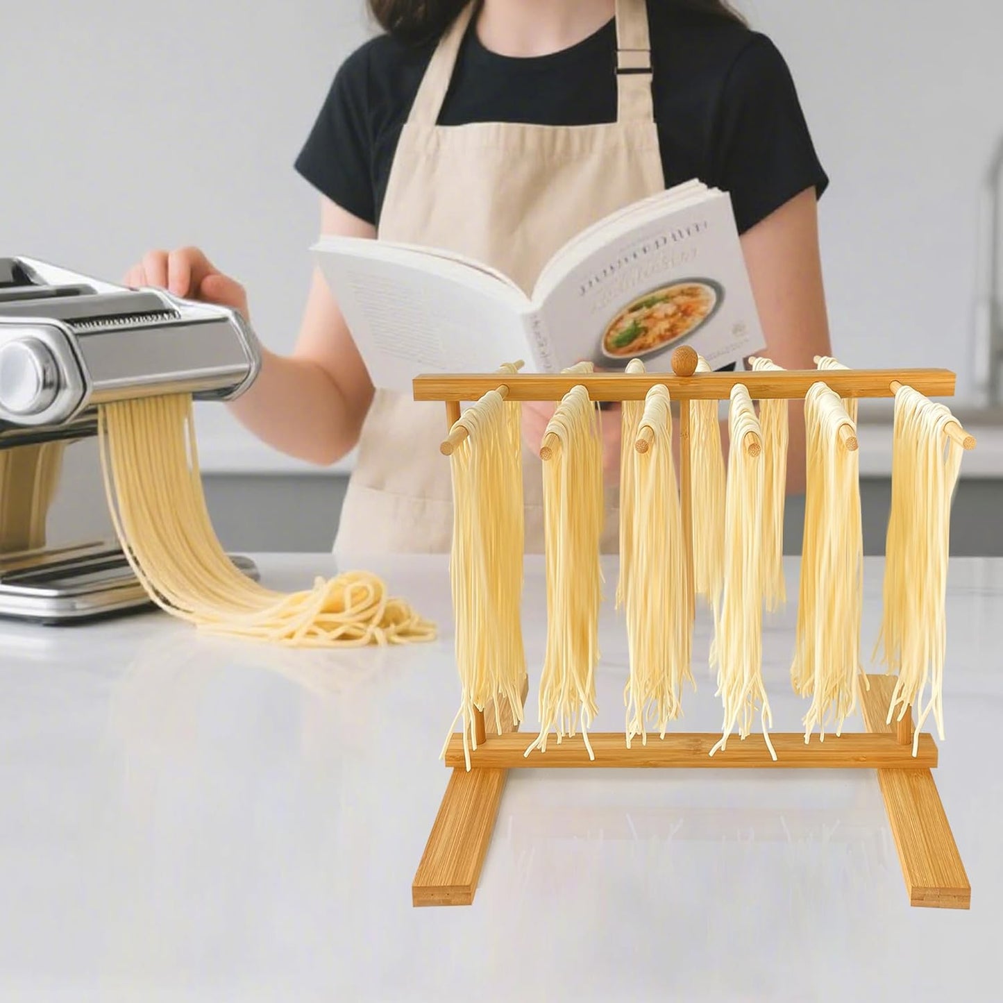 Bamboo-Pasta-Drying-Rack with Transfer Wand & 12 Arms, Large Collapsible Fresh Pasta Dryer Holder for Homemade Noodle, Spaghetti, Tagliatelle, Detachable Fettuccine Hanger Stand with 12 Bars