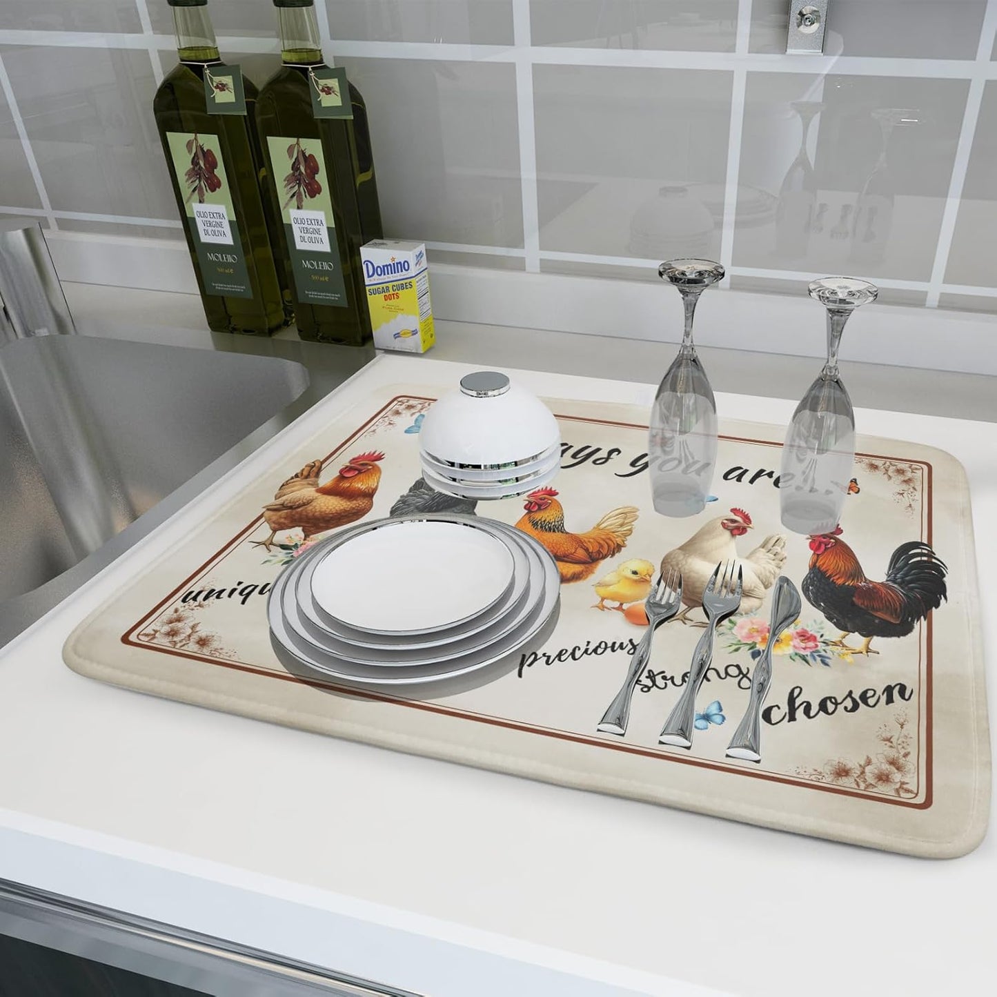 Farmhouse Rooster Dish Drying Mat - Vintage Chicken Absorbent Microfiber Dish Drying Pad for Kitchen Coffee Bar