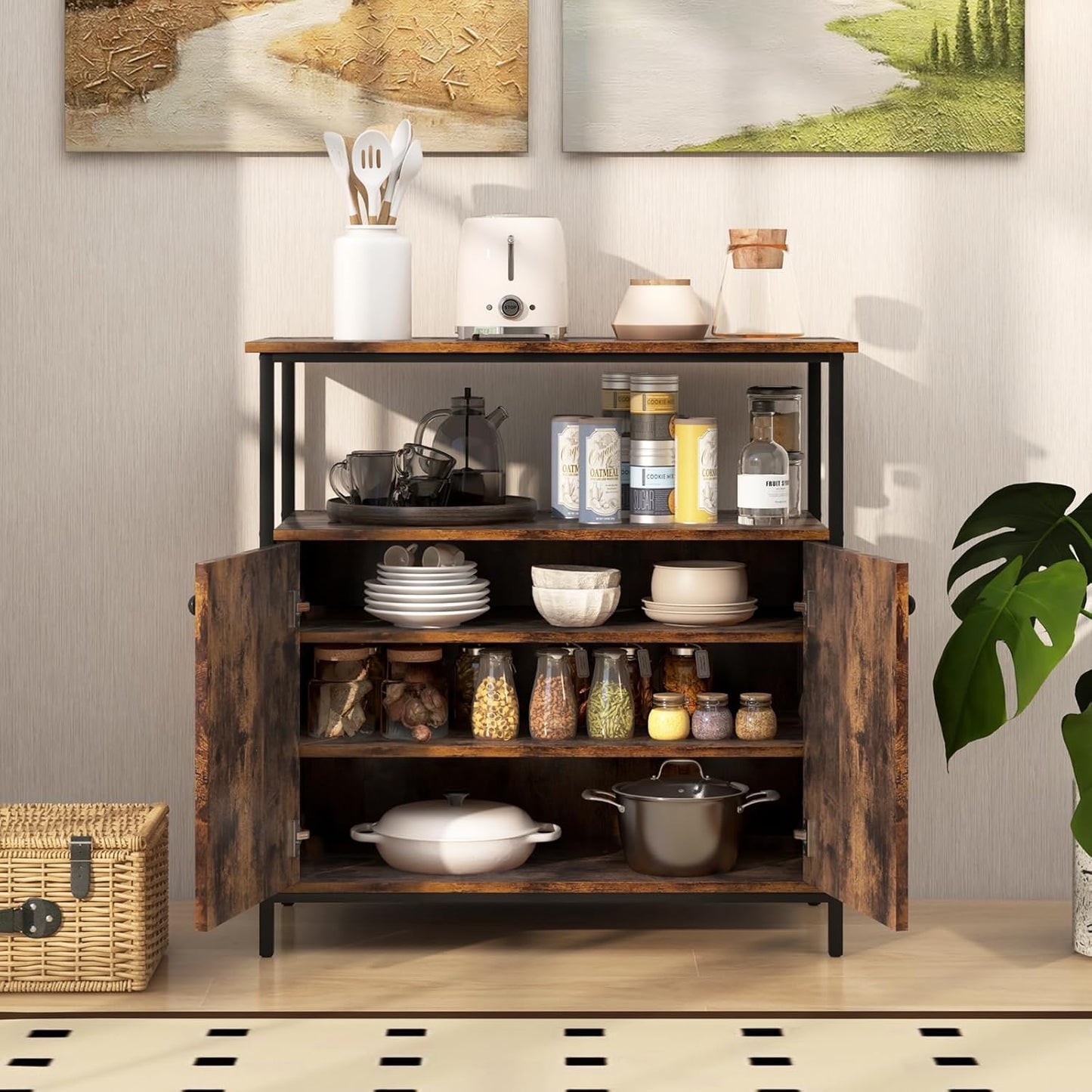 Buffet Cabinet, Industrial Storage Cabinet with Doors and Shelves, Wood Buffets & Sideboards, Farmhouse Coffee Bar, Rustic Console Table for Kitchen, Dining Living Room, Entryway