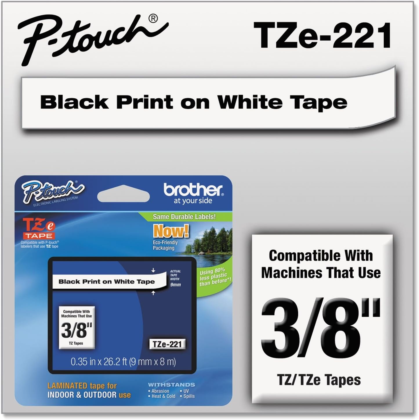 Brother(R) TZe-221 Black-On-White Tape, 0.38in. x 26.2ft., BRTTZ221