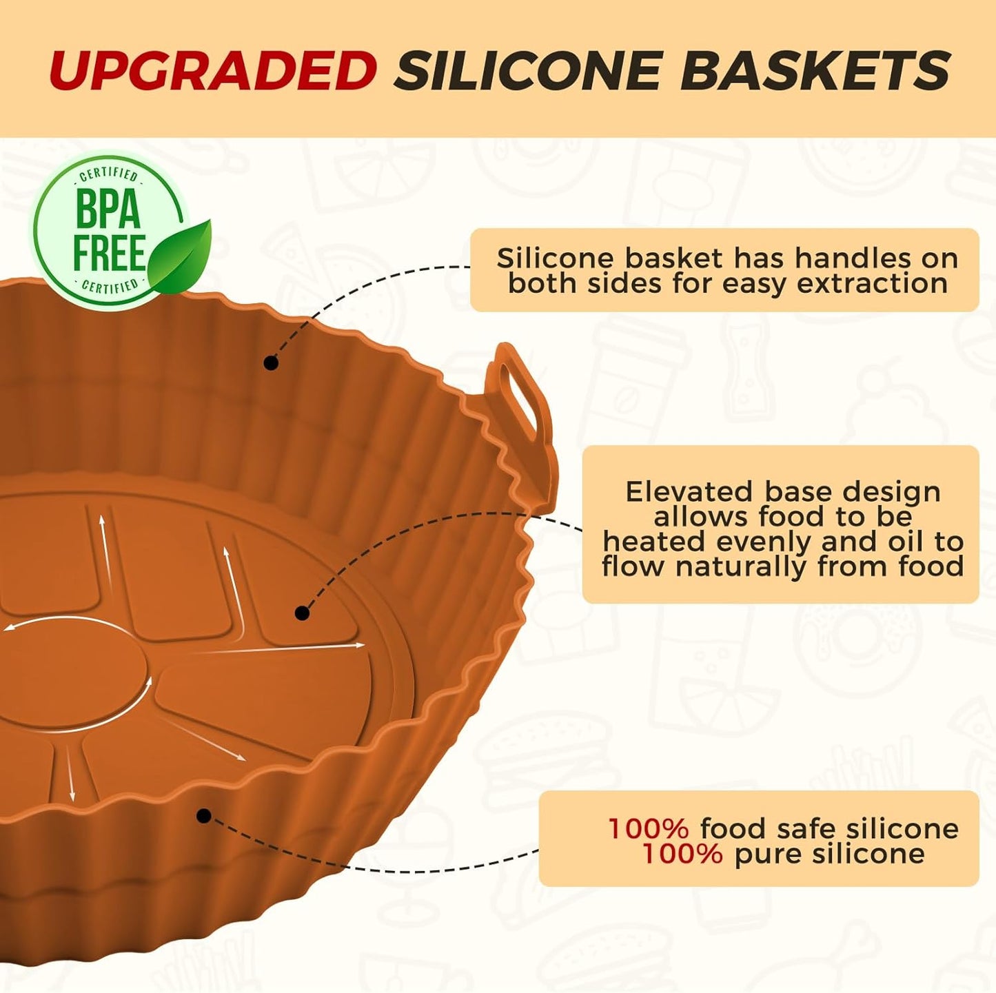 Beauty 3 Pack Air Fryer Liners - 8 Inch Silicone Pot, Reusable Food Grade, Baking Basket Accessories, Replacement for Flammable Disposable Parchment Paper