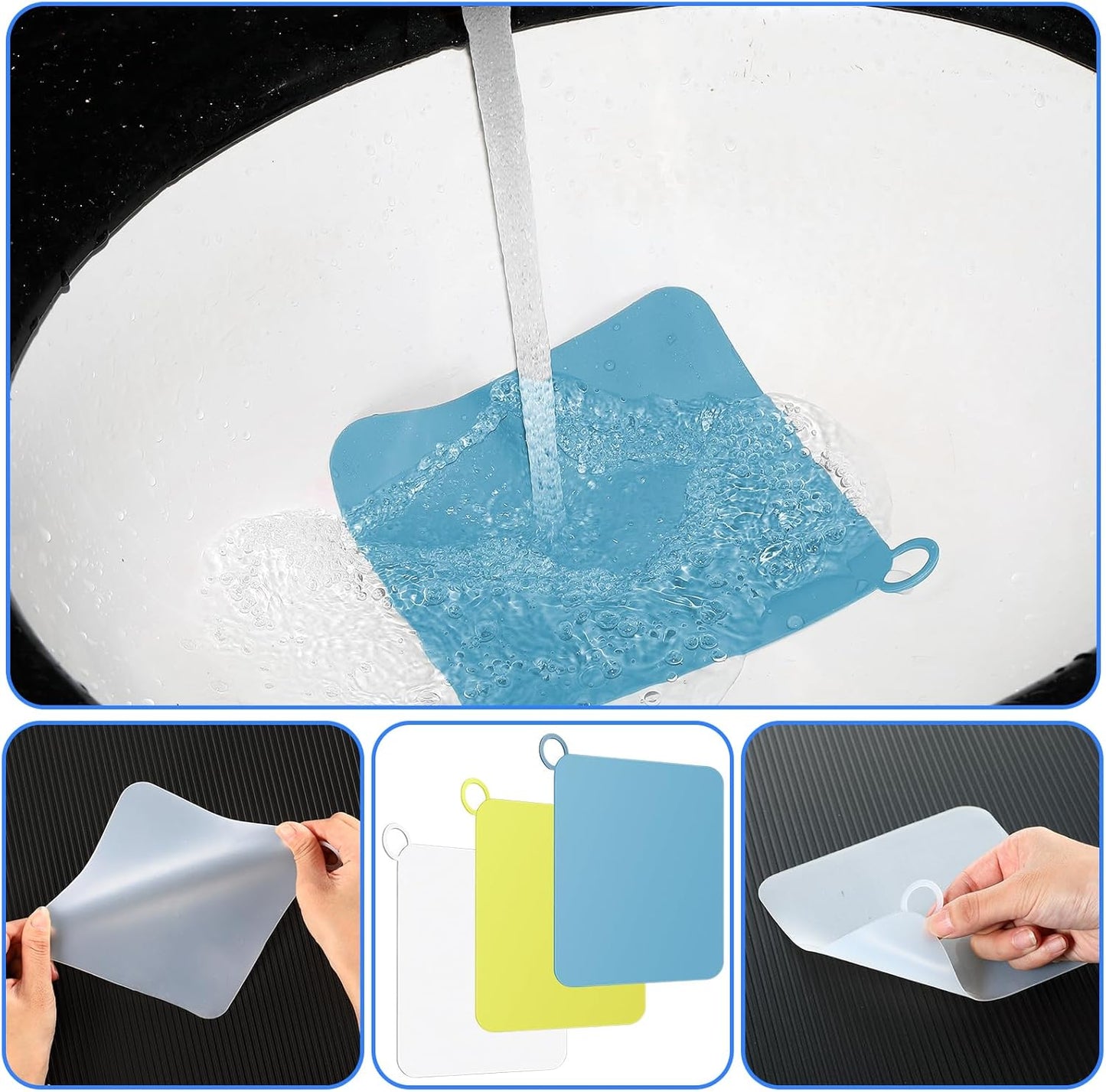 Yinkin 6 Pcs Drain Covers to Keep Bugs Out Silicone Shower Floor Tub Stoppers Bathtub Drain Stoppers Sewer Anti-Odor Mats Deodorizing Plugs for Bathroom(6 x 6 Inch,Square,Blue, Yellow and White)