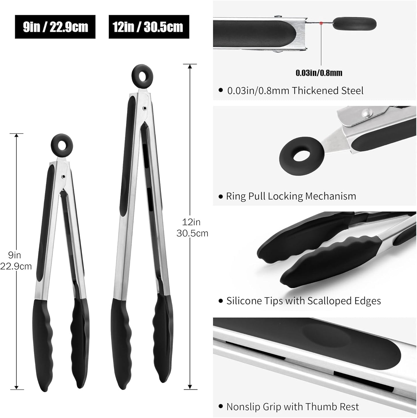 Doosu Kitchen Tongs for Cooking - 600°F Heat Resistant Food Tong Set with Non-Scratch Silicone Tips, Heavy Duty Stainless Steel Locking Tong for BBQ, Grilling Steak, Serving Salad (9+12in, Black)