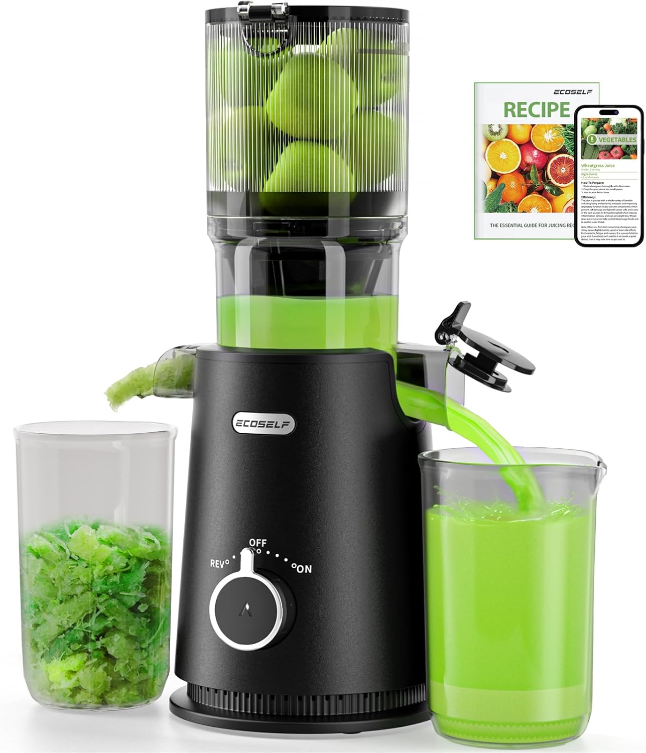 Cold Press Juicer, ECOSELF Juicer Machines with Large Feed Chute for Family Needs, Hands Free For Whole Fruits & Vegetables, Self Feeding for Juice Extractor Machine, Easy to Clean