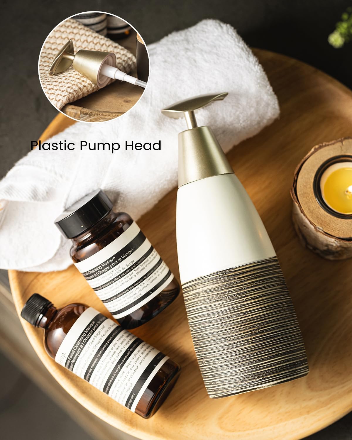 Dish Soap Dispenser Ceramic Liquid Dispenser for Bathroom Hand Soap Bottle with Pump, 12oz Refillable Liquid Bottle for Body Wash, Shower Gel, White