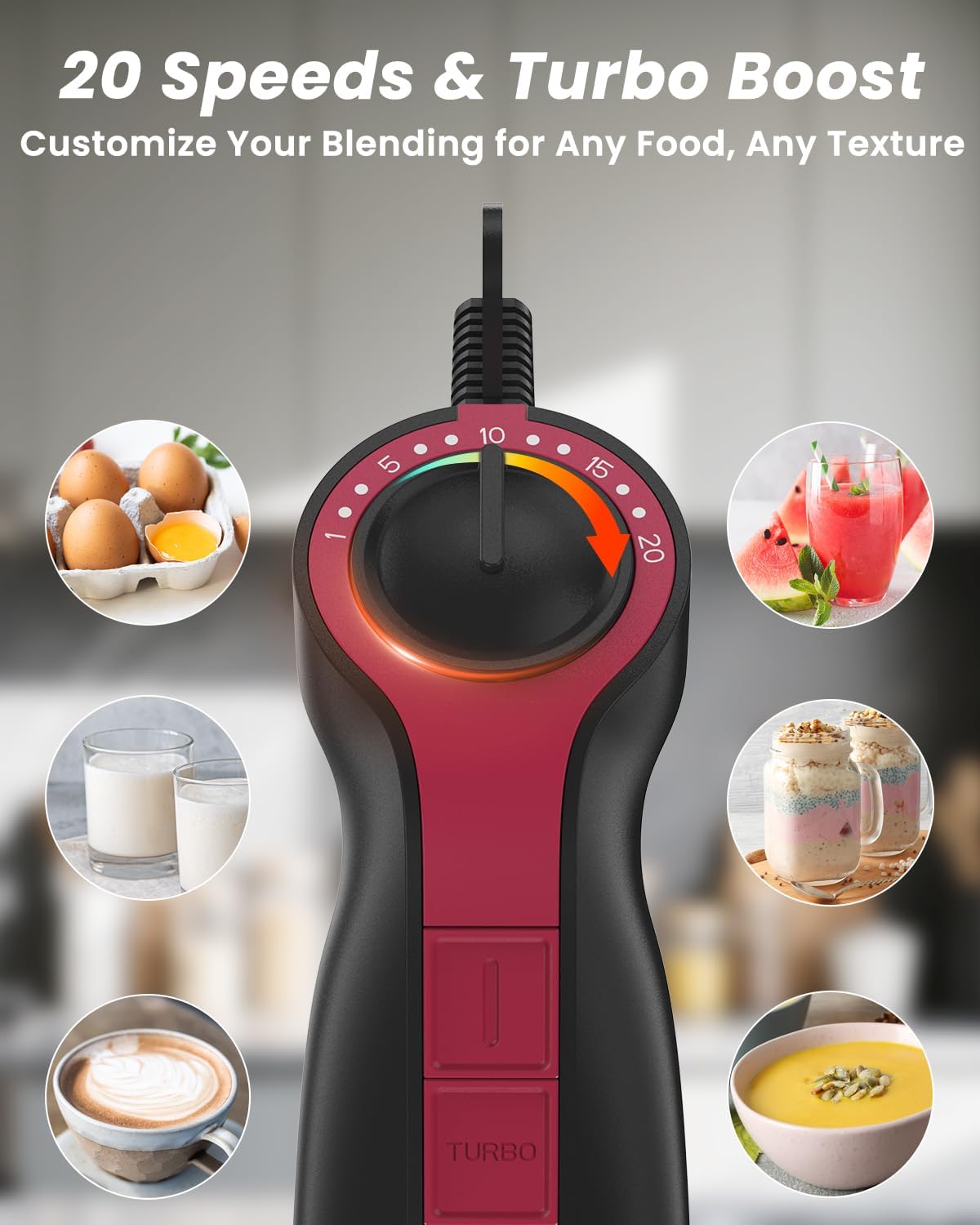 Immersion Blender Handheld 1000W, 3 in 1 Stick Hand Blenders for Kitchen with 20 Variable Speeds & Turbo, 304 Stainless Steel with Electric Whisk & Milk Frother Attachments for Soup, Puree & Emulsion