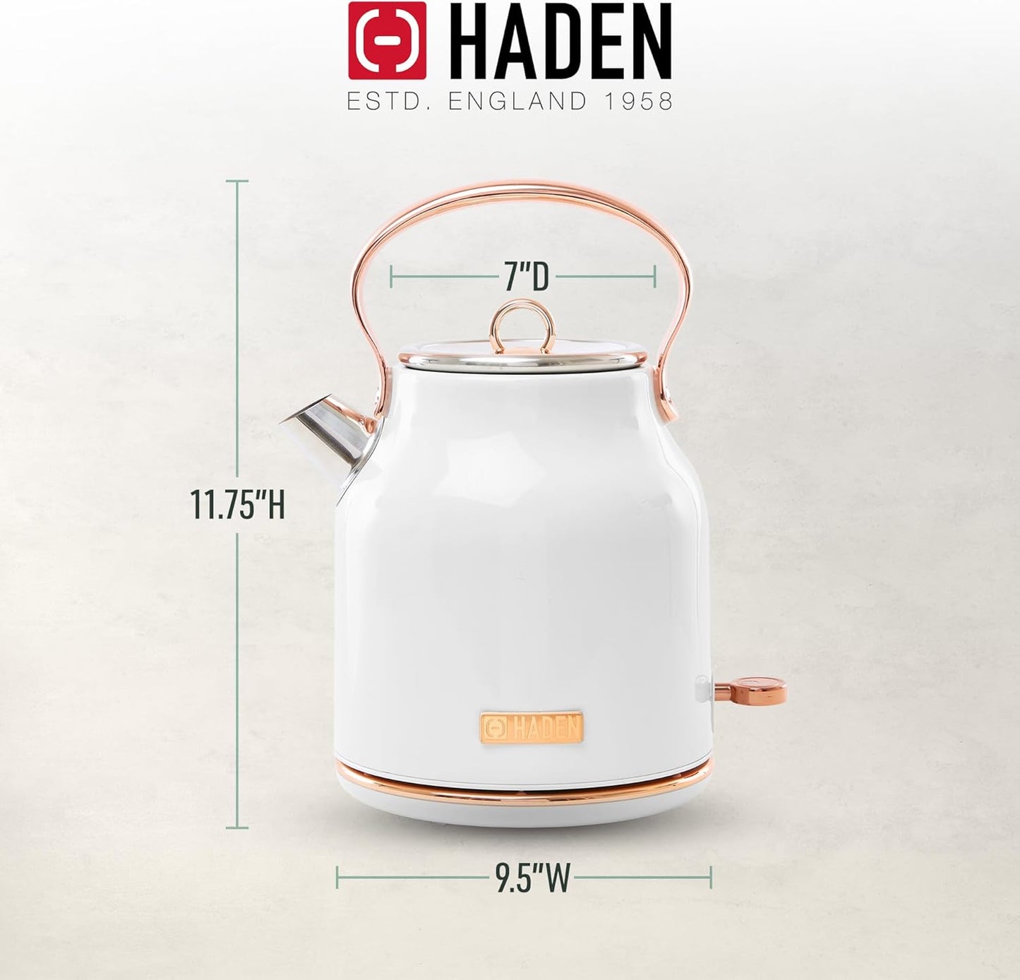 Haden Heritage 1.7 Liter Stainless Steel Electric Kettle, Hot Water Kettle with 360-Degree Base and Auto Shutoff, Ivory & Copper