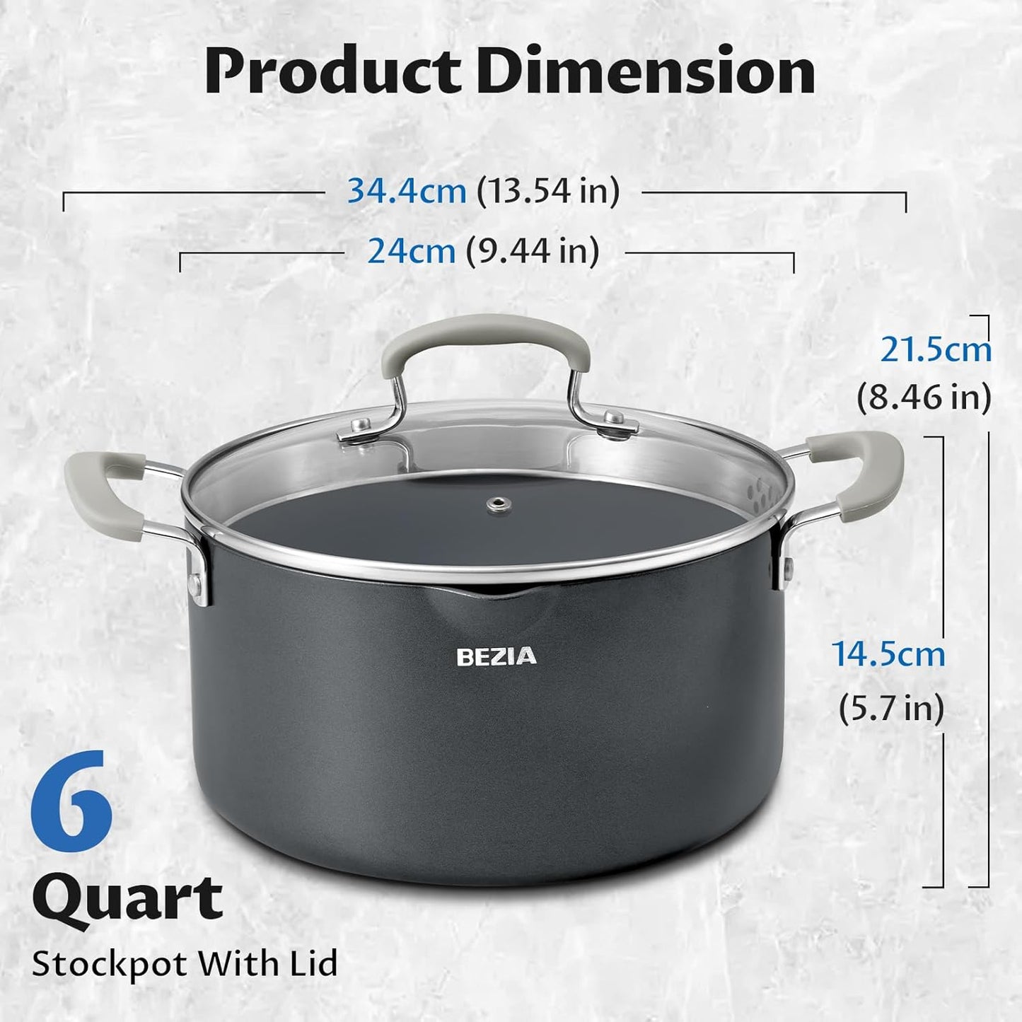 BEZIA 6 QT Cooking Pots with Lids, Soup Pot with Nonstick Ceramic Coating, Stay-Cool Handles, Nonstick Stock Pot with Strainer Lid, Dishwasher Safe, Induction Compatible