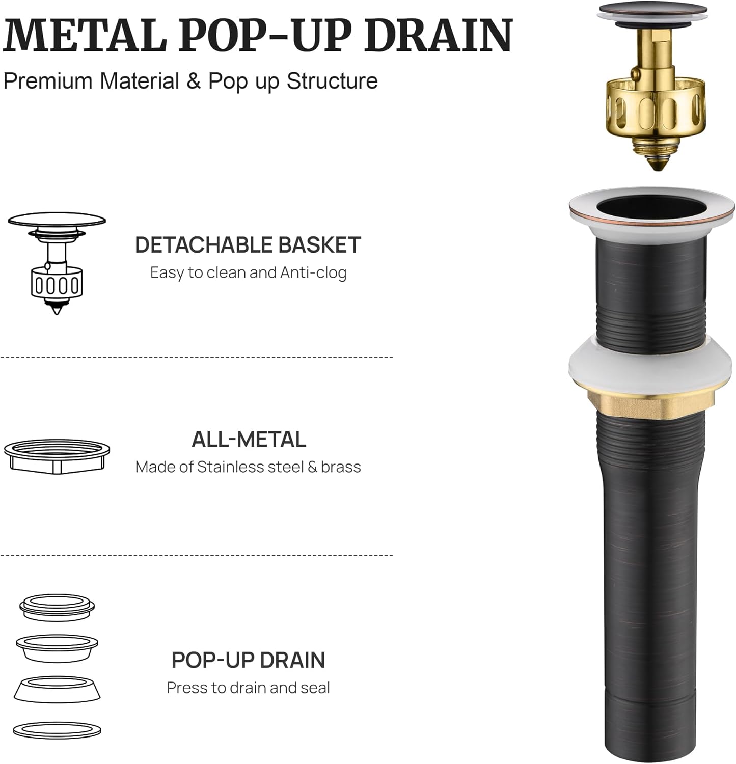 Pop up Sink Drain Stopper for Bathroom Vessel Vanity Sink Art Basin Oil Rubbed Bronze, Small Cap Without Overflow, Metal Pop-up Drain Strainer with Detachable Basket Stopper