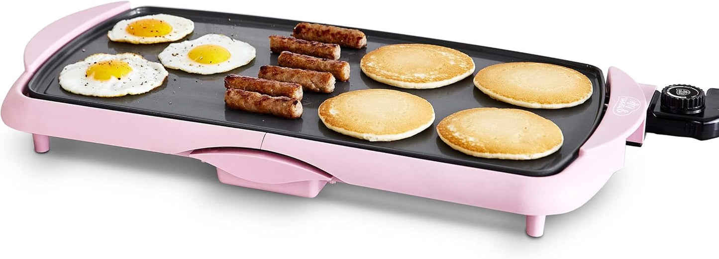 GreenLife 20” Extra Large Electric Griddle, Non-Toxic PFAS-Free Ceramic Nonstick, Temperature Control, Quick Even Heating, Removable Drip Tray, Pancakes, Eggs, Sausage, Easy Clean, Pink