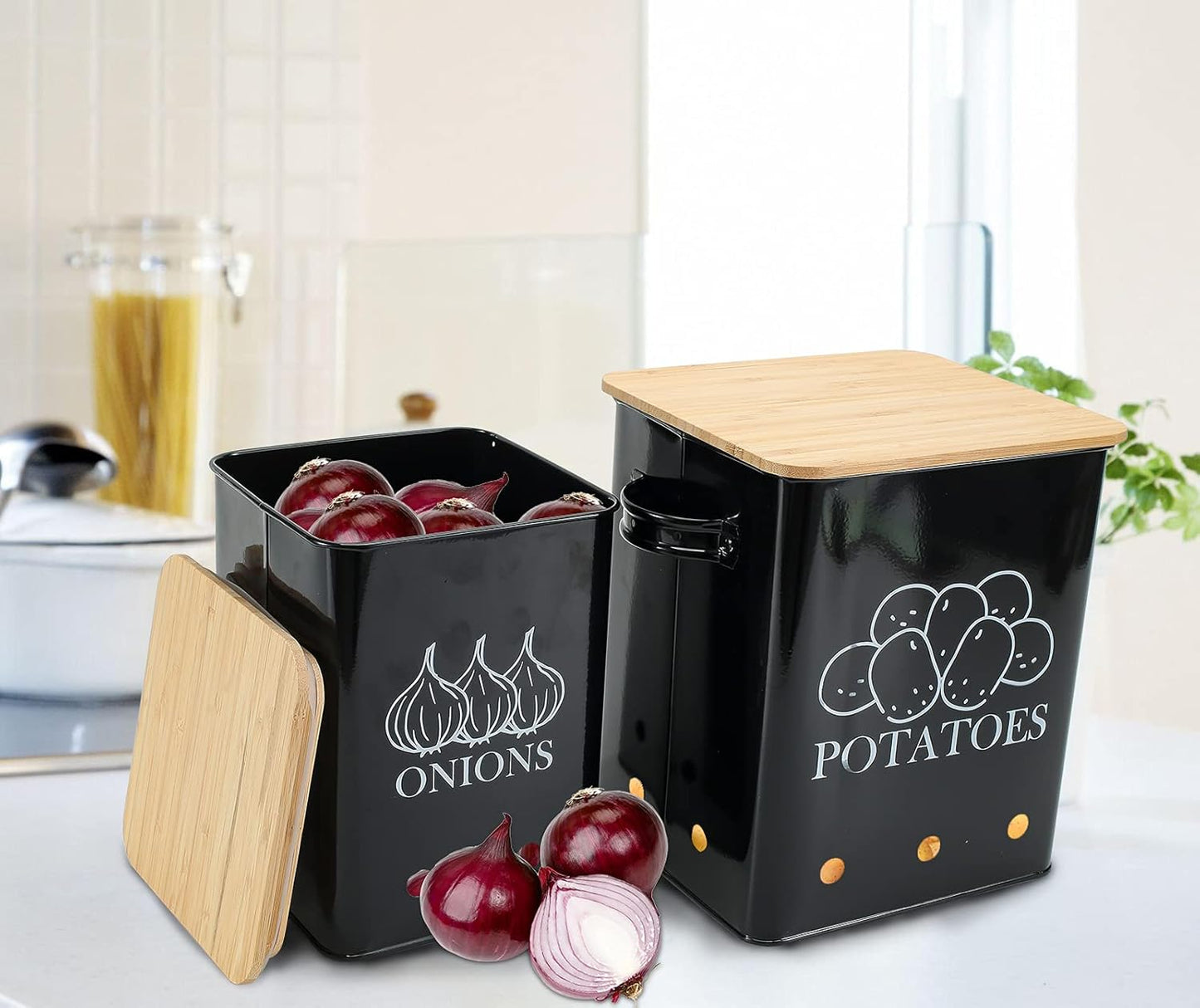 Kitchen Vegetable Storage Tins Set of 2 for Potatoes, Onion, with wooden lid Garlic Bin Caddy, Long Shelf Life-Black