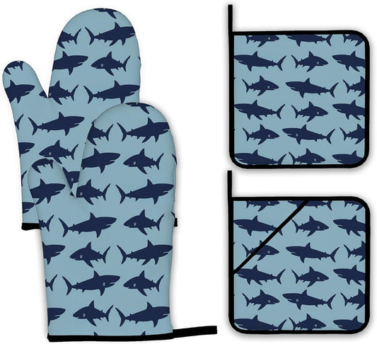 Blue Shark Oven Mitts and Pot Holders,Heat Resistant Oven Mitts Gloves and Pot Holder for Home Kitchen Decorations Cooking Baking BBQ Gifts,Set of 4