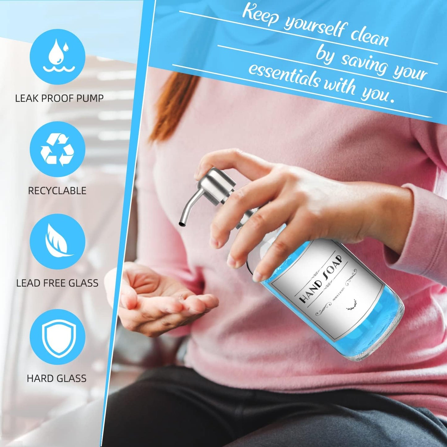 ARKTEK Refillable Soap Dispenser (2 Units) - 17 Oz Clear Glass Bottle with Rust Proof Pump for Hand and Dish Soap, Kitchen Bathroom Countertop