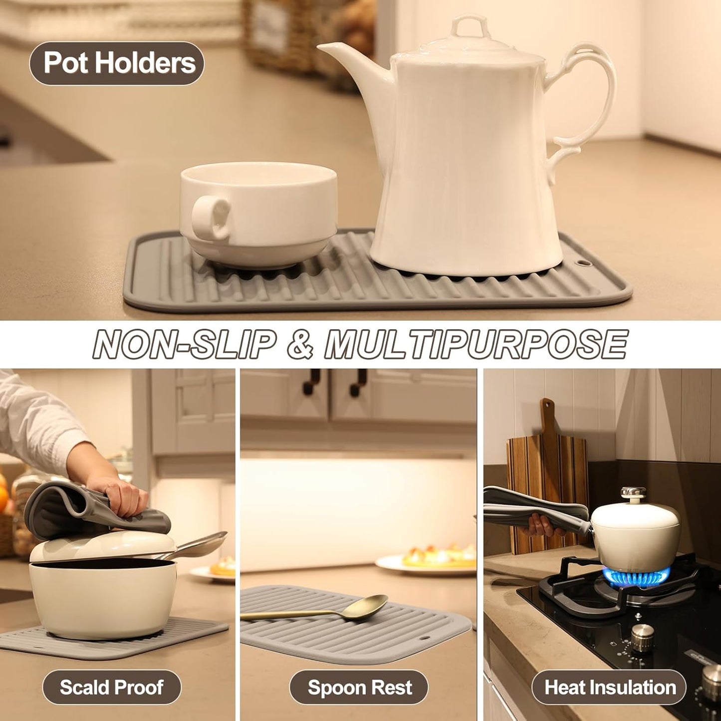 Joyhalo 4 Pack Silicone Trivets for Hot Pots and Pans,480℉ Heat Resistant Trivets for Hot Dishes,Hot Pads for Countertop,Kitchen Potholders,Grey