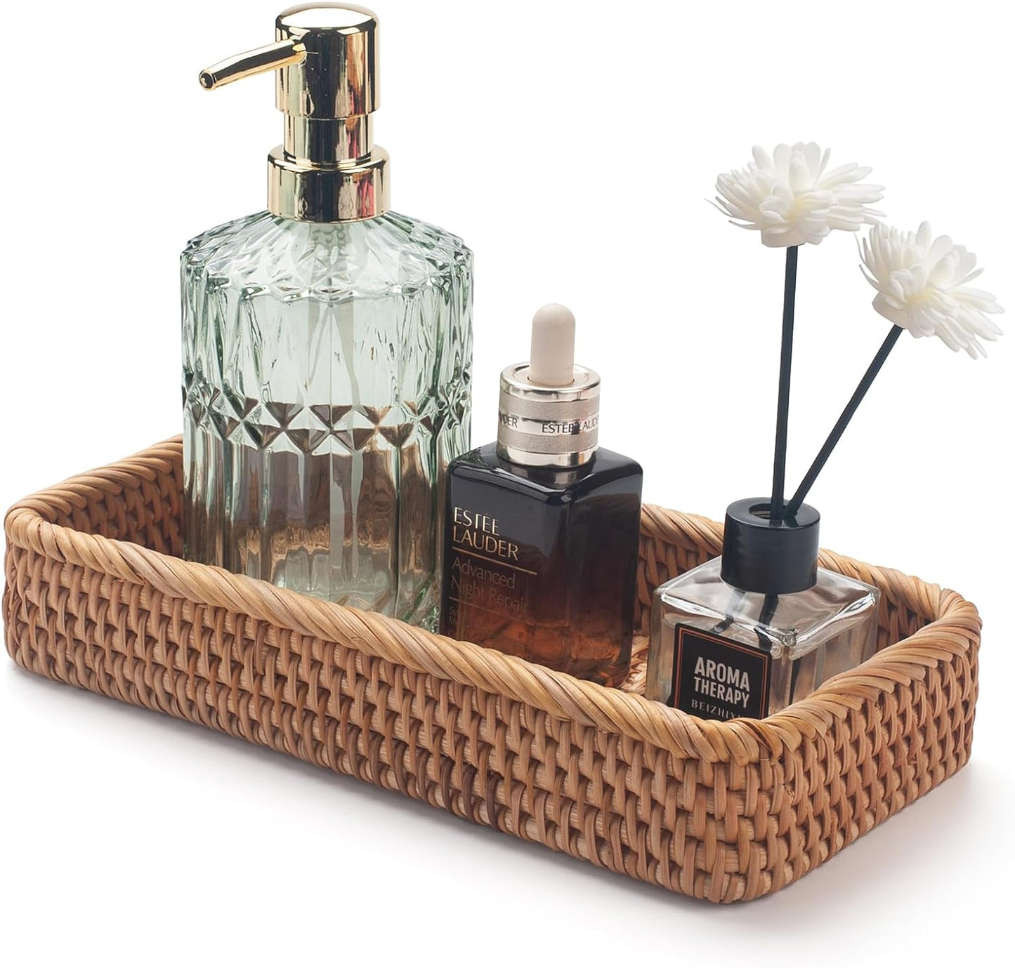 Rattan Bathroom Vanity Tray, Toilet Tank Tray, Toilet Basket Tank Topper, Bathroom Basket for Organizing and Decor (Natural, 10.2" x 4.9" x 1.6")