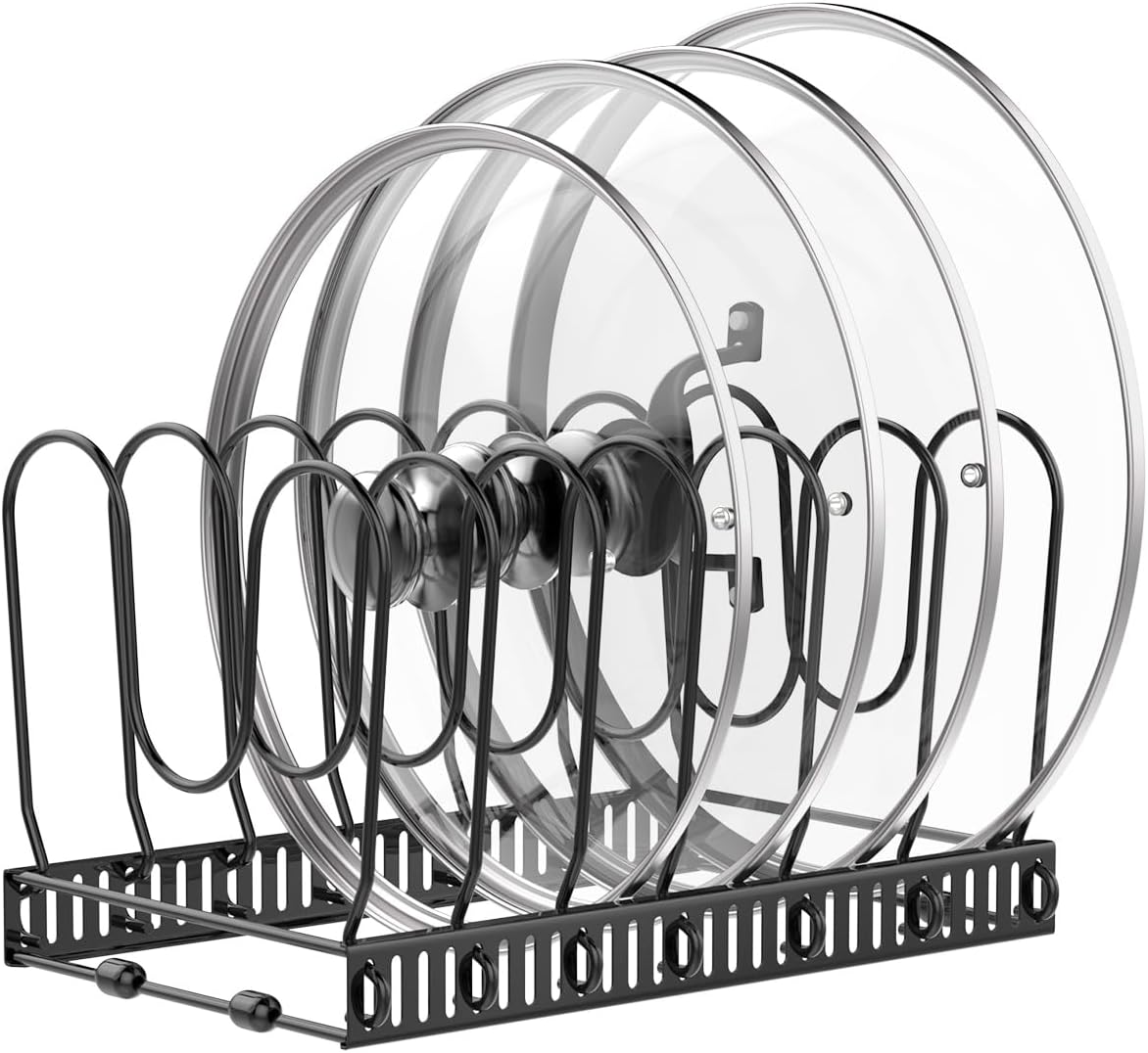 Housolution Pot and Pan Organizer Rack for Cabinet, Pot Lid Organizer with 7 Adjustable Dividers, Pan Holder Storage Rack for Kitchen Cabinet, Black