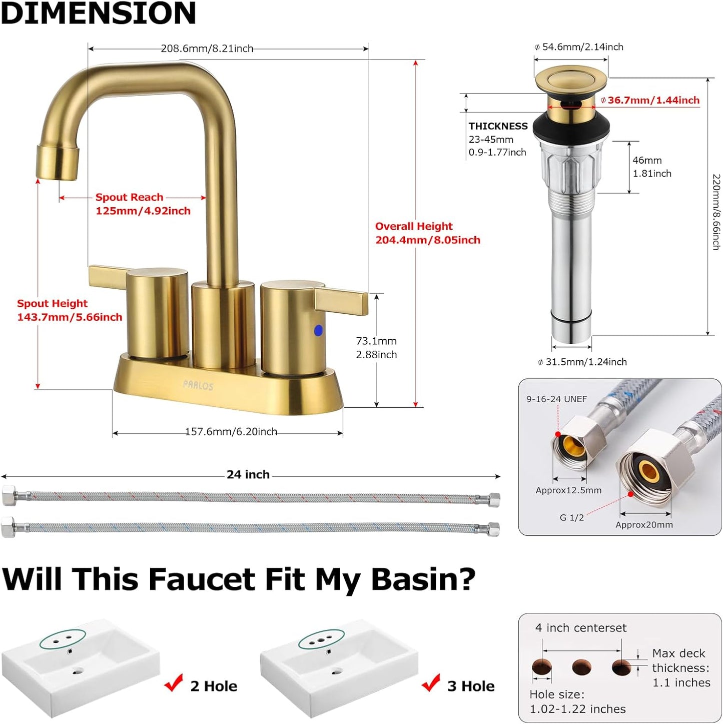 PARLOS 2-Handle Brushed Gold Bathroom Faucet for Lavatory with Pop-up Sink Drain and Faucet Supply Lines, 1431608