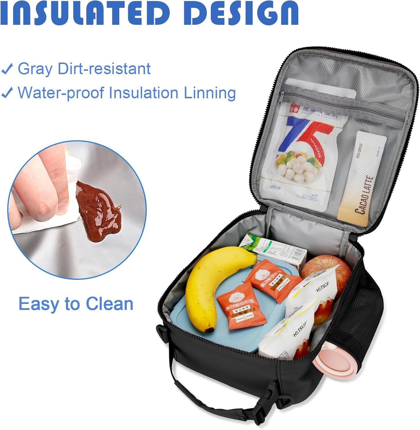 Initial Insulated Lunch Bag for Boys Kids, Back to School Gift, Reusable Leak-proof Lunch Box with Adjustable Strap for School Daycare Travel Picnic（Black，E）