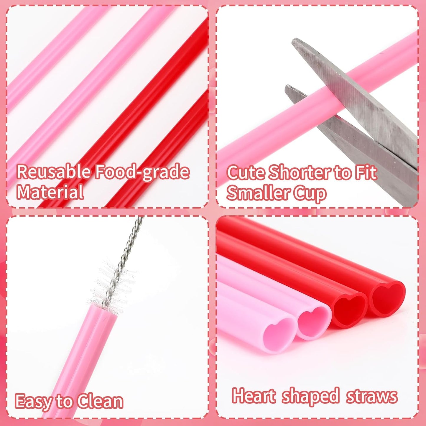 JANYUN 30 Pcs Pink Red Heart Shaped Straws, Reusable Valentines Plastic Drinking Straw for Valentines Day Party Favors Birthday Bridal Shower Wedding Supplies
