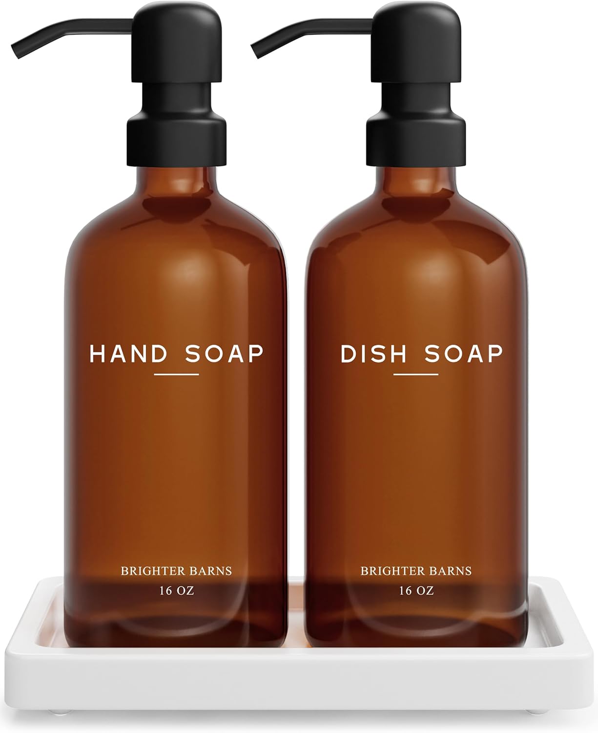 Amber Glass Hand and Dish Soap Dispenser Set by Brighter Barns - Kitchen Soap Dispenser Set with Tray for Kitchen, Airbnb, Vacation Rental or Restaurant - Modern Kitchen Decor & Accessories (Amber)