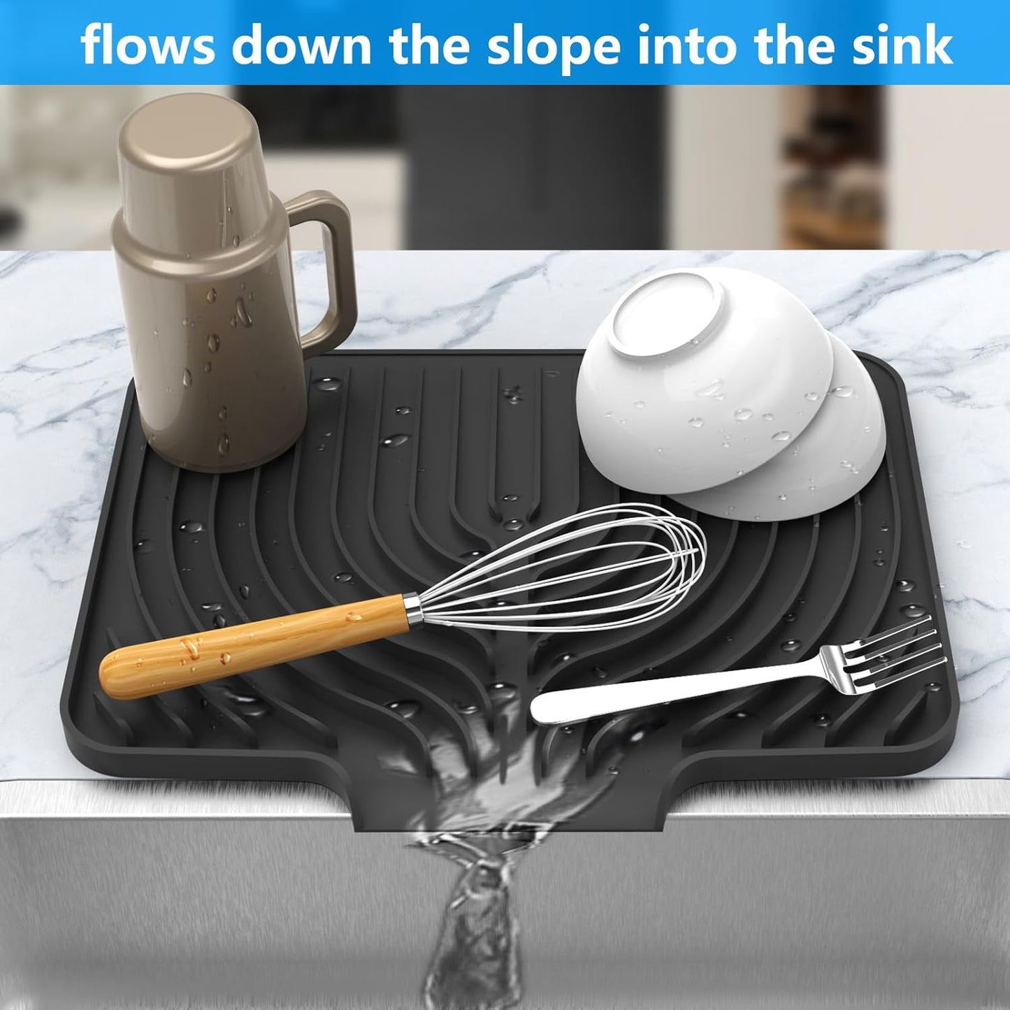 Dish Drying Matt for Kitchen Counter,14.6"×11"Silicone Dry Rack Mat with Built in Drain, Kitchen Dry Mats for Dishes Drying Pad for Counter(Black)