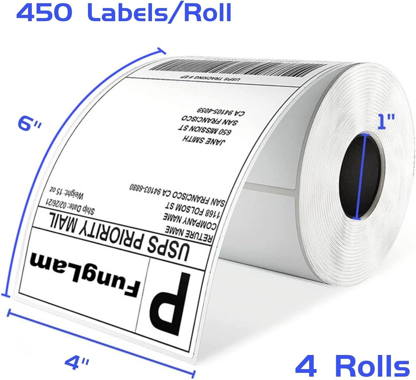 FungLam 4"x6" Thermal Mailing Labels - 450 Labels/Roll (4 Rolls), Compatible with JADENS, Munbyn, Rollo, iDPRT Printers