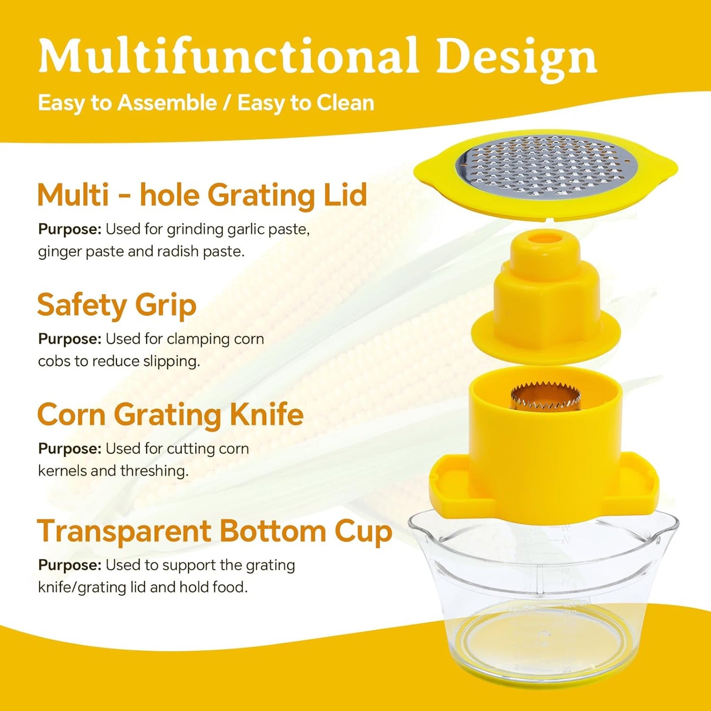 Corn Cob Stripper and Peeler Tool with Bowl, Multifunction Quick Corn Kernel Cutter Set with Grinder, Fast Kernel Peeler for Corn on The Cob, Non-Slip Base for Kitchen