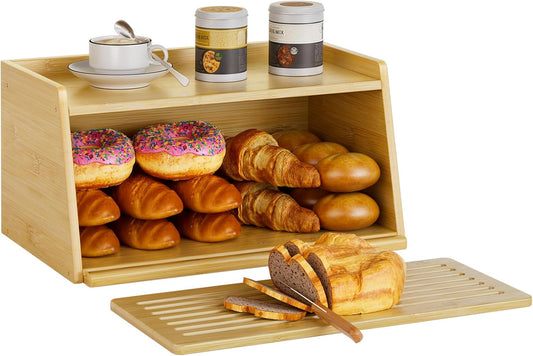 Bamboo Bread Box with Cutting Board for Kitchen Countertop – Large Capacity Bread Storage Container for Kitchen, Multi-Use Organizer for Bread, Fruits, Baked Goods