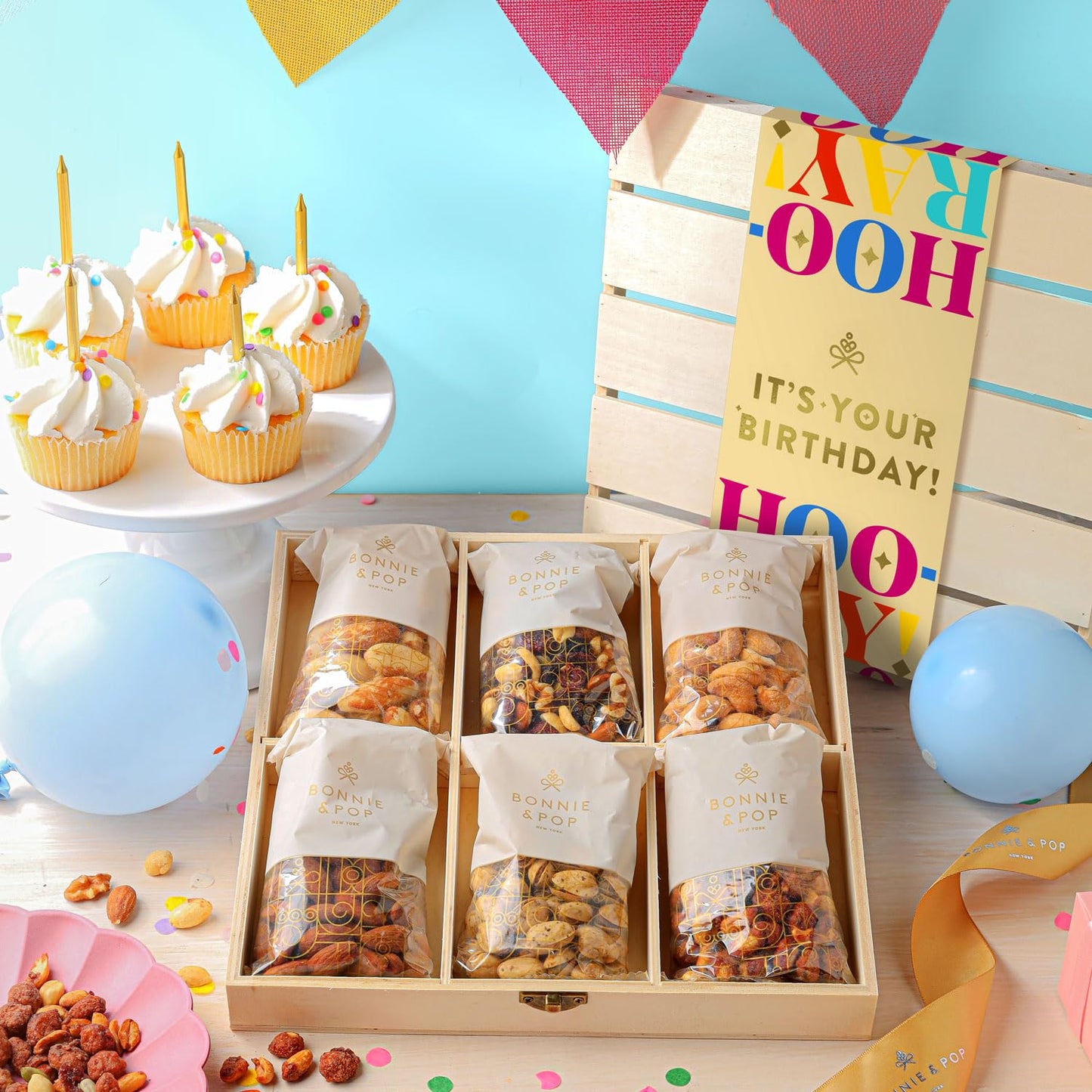 Happy Birthday Food Gift Basket, Healthy Nut Gift Tray, Birthday Snack Treat in Reusable Wooden Crate, Gourmet Assorted Food Delivery, Birthday Snack Box, For Men, Women and Families, Bonnie & Pop