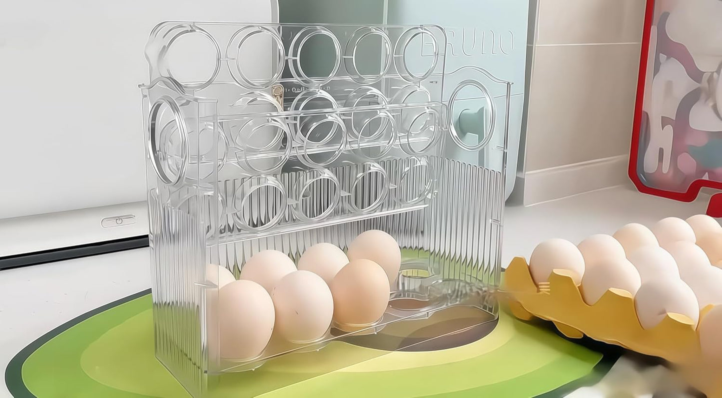 Auto-Flip egg storage for refrigerator，side fridge storage rack egg tray for refrigerator，Eggs Holder Countertop with Timers, Space-Saving Eggs Dispenser for Refrigerator, 30 Eggs Container for
