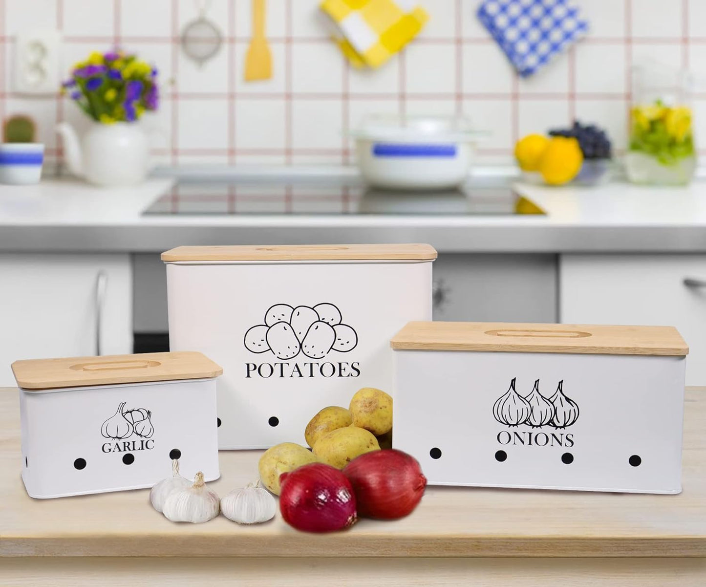 Kitchen Vegetable Storage Tins Set of 3 for Potato Onion & Garlic with Wooden Lid, Kitchen Storage Canisters Set, Long Shelf Life - White