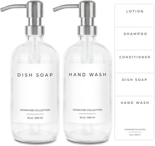Emerson Essentials Soap Dispenser for Kitchen, Dish Dispenser for Kitchen, Bathroom Hands Set, Glass Bottles with Pump and Labels - 16 Oz, 2 Pack