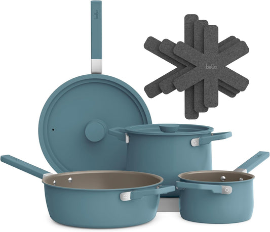 bella 9 Piece Ceramic Nonstick Cookware Set, Fits-anywhere™ Kitchenware w EverGood™ Coating, Dishwasher & Oven Safe, All Stovetops Compatible, Stackable Design, Cool Touch Handles, Surf