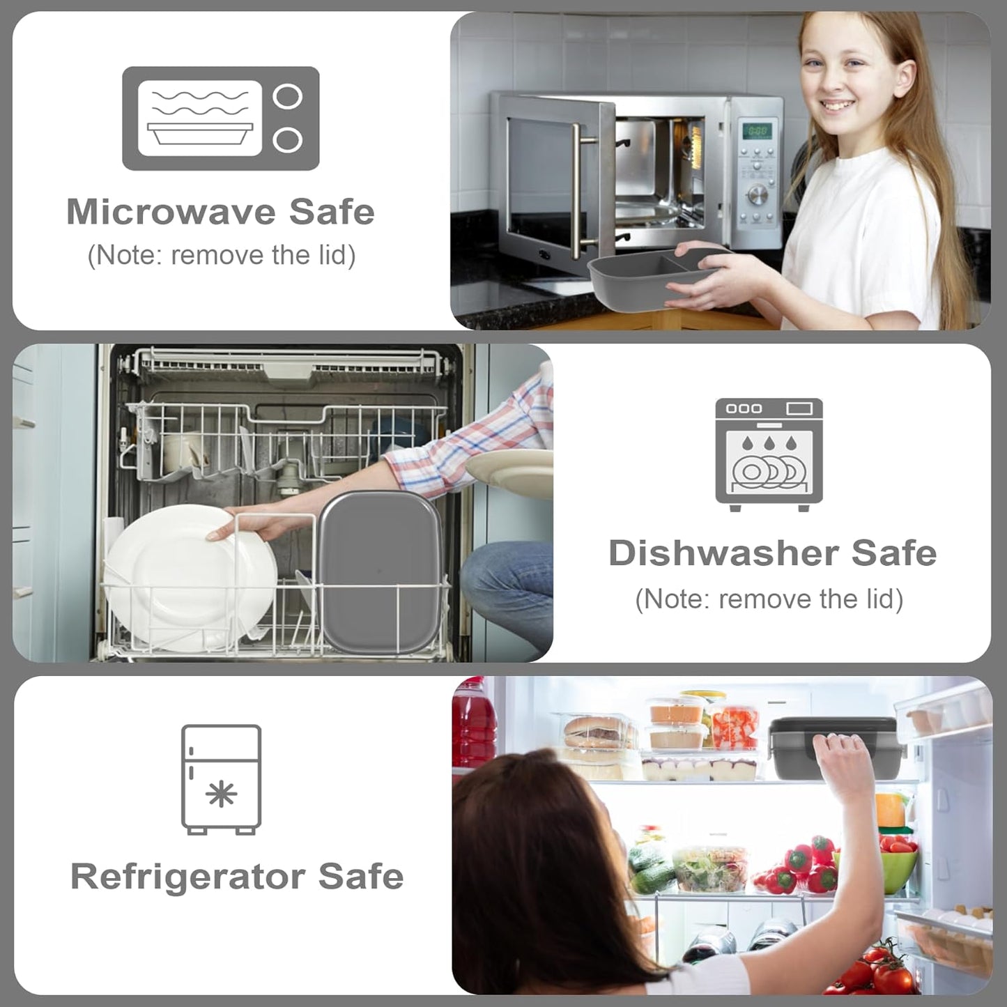 JBGOYON® Bento Lunch Box Set - 3 Stackable Containers for Adults and Kids- Includes Lunch Bag, Leak-Proof and BPA-Free - Built-in Utensil Set and Snack Bag - Dishwasher Safe(Grey Black)